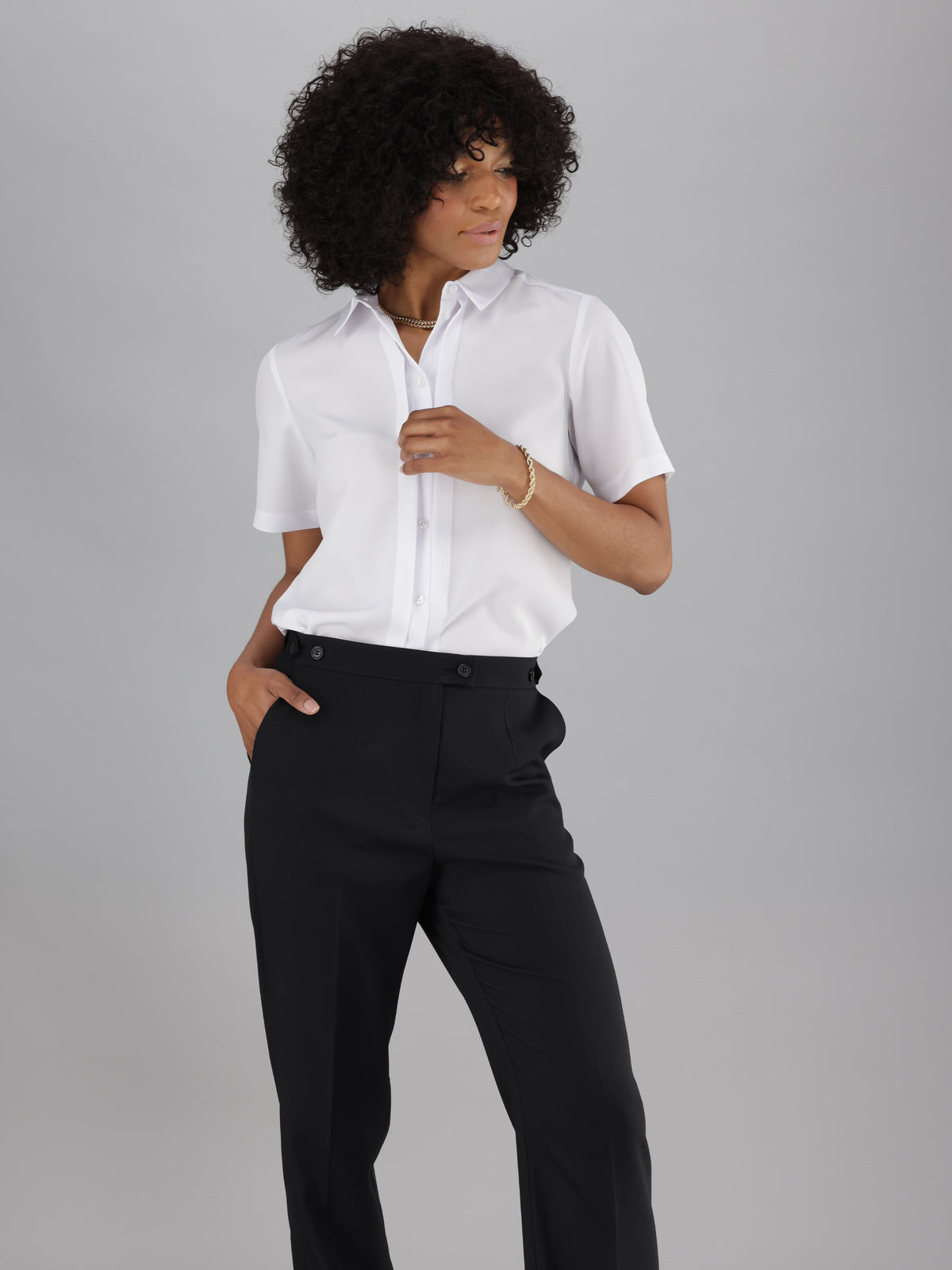 ImNow Women’s Formal Office Shirt with Short Sleeves, Structured Collar and Pintuck Button front in White.
