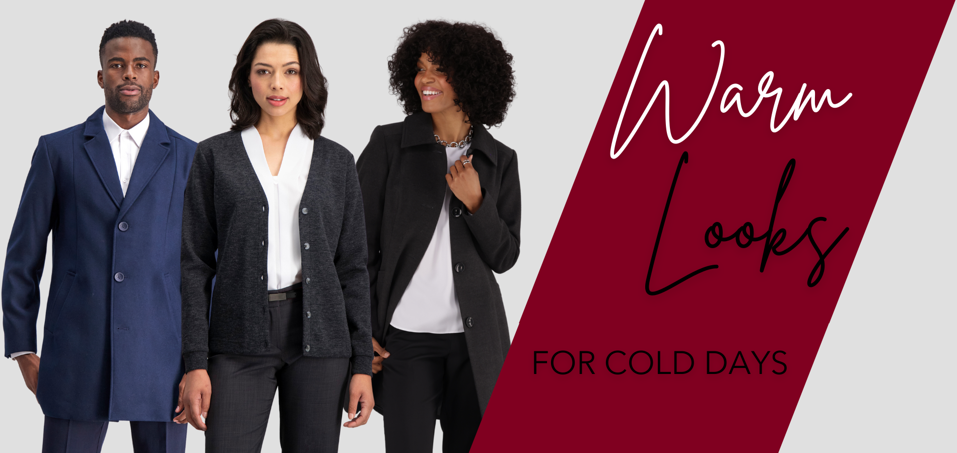 Ladies and mens winter coats and warm jerseys, layered looks for the office.