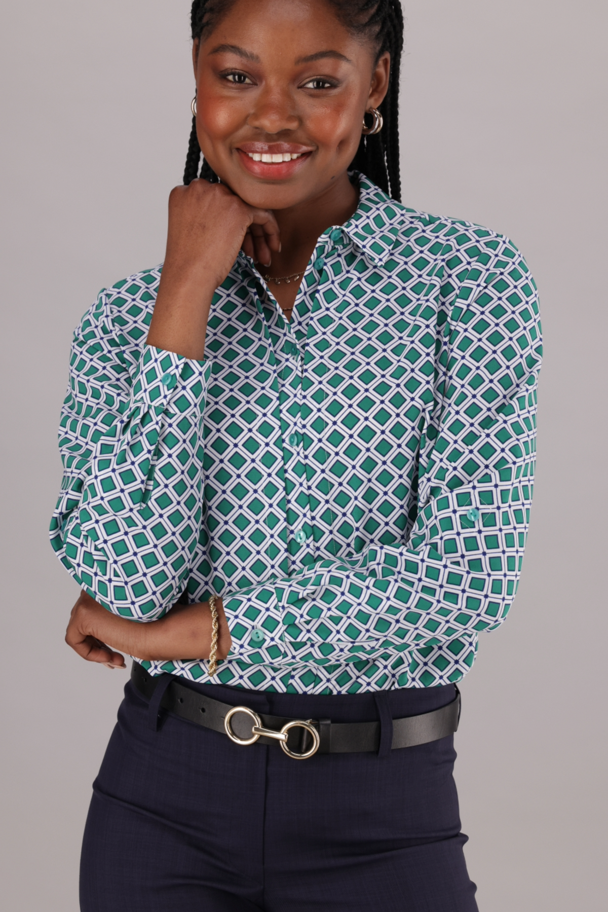 Women's Green Print Classic Long Sleeve shirt with Pintuck Detailed Button Stand from ImNow. 