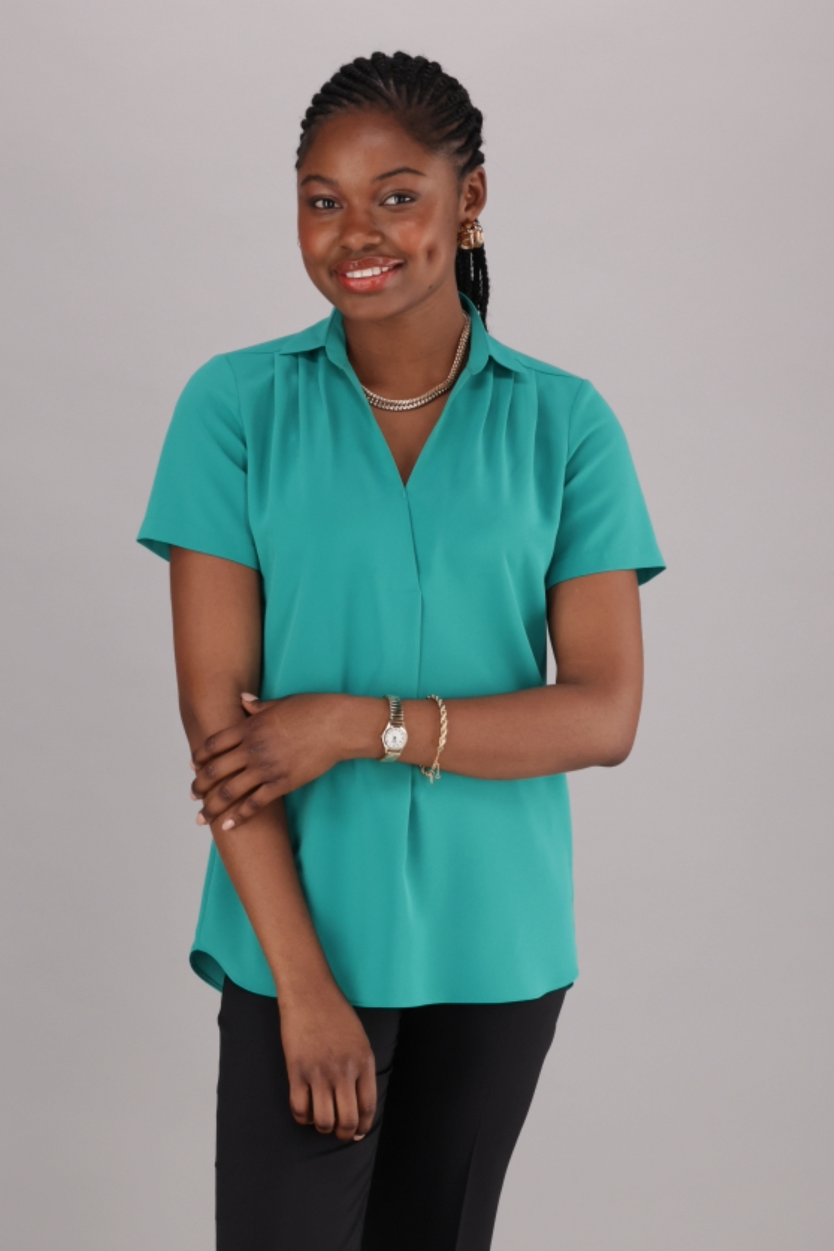 Formal Women’s V-neck blouse in Green with Short Sleeves and a neat shirt collar sold by ImNow.