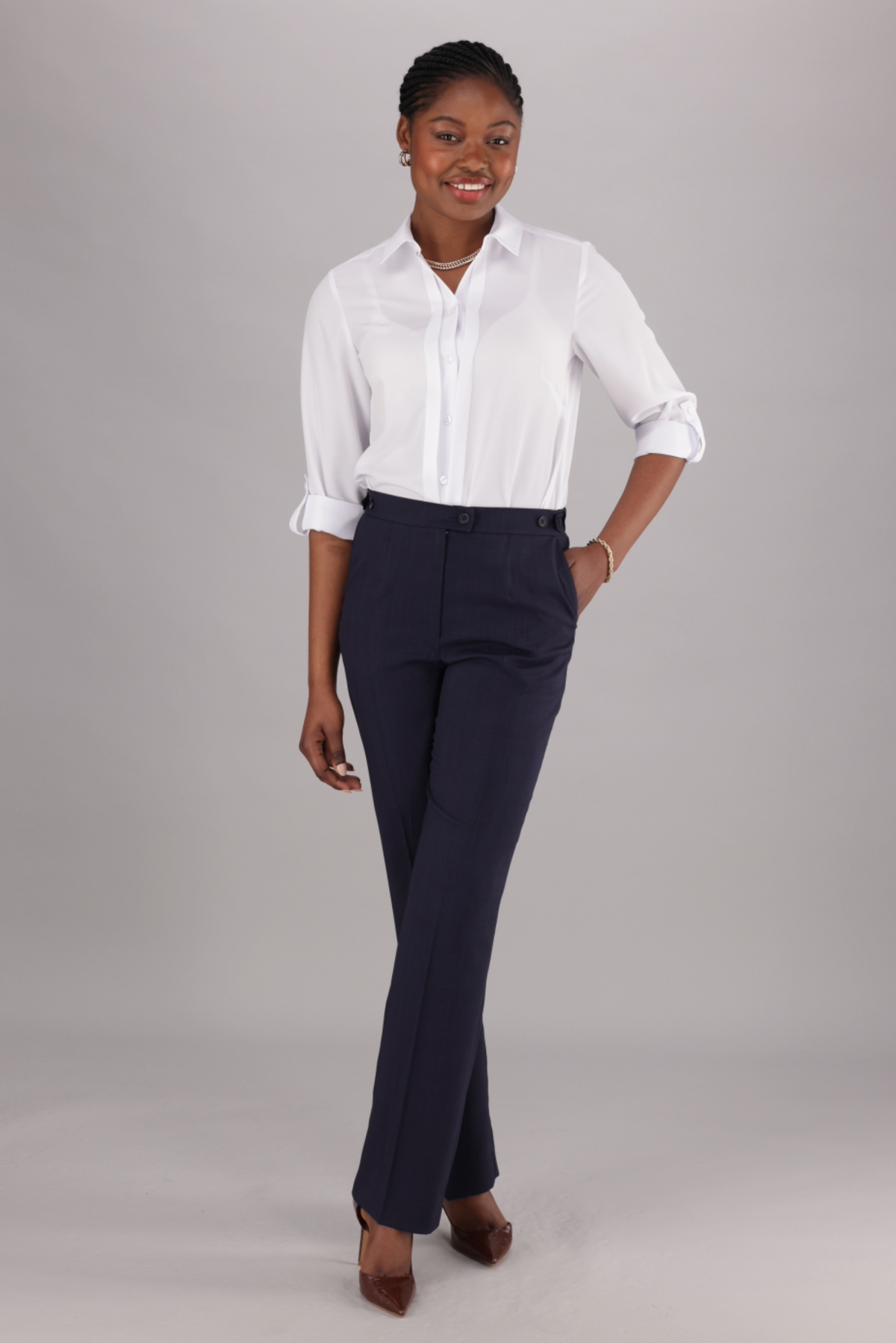 Navy Helga Straight Leg Work Pants with High Rise and Elastic Waist – ImNow by Imagemakers