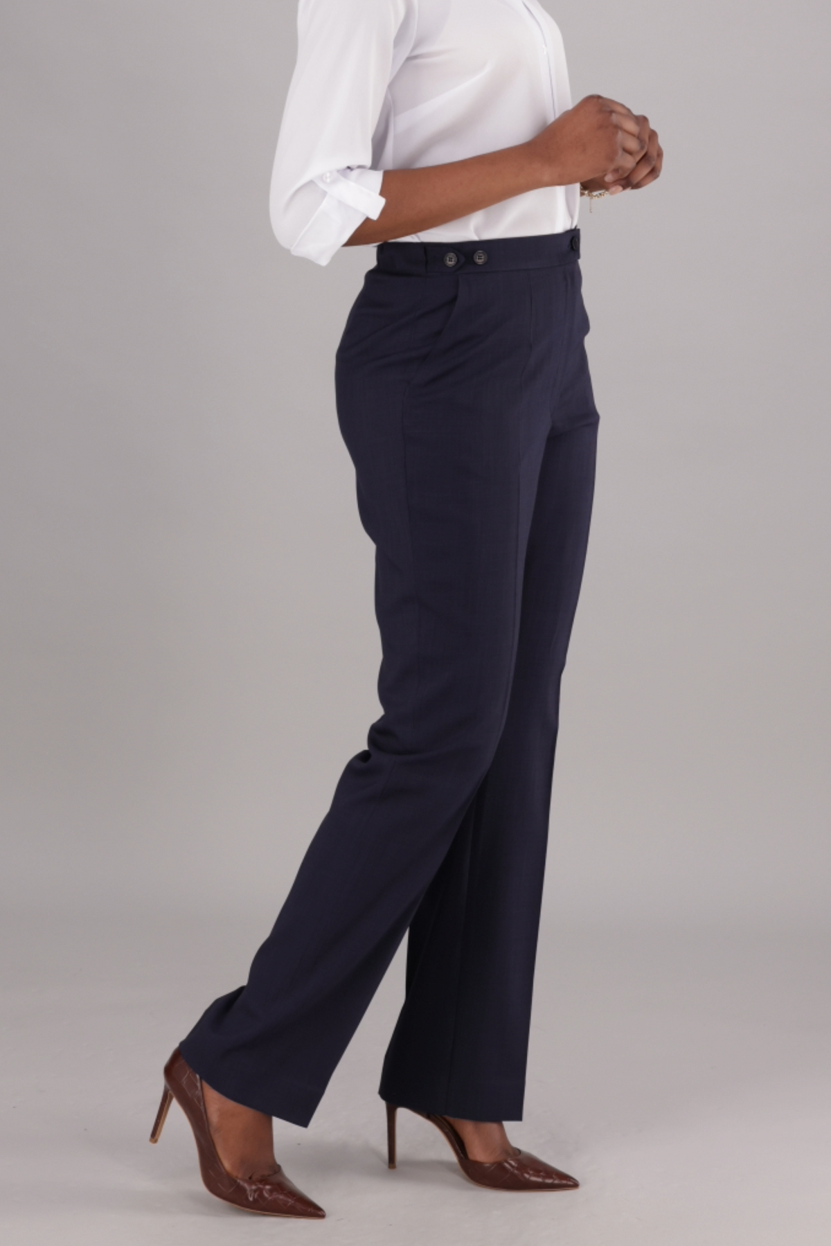 Helga Navy High-Rise Straight Leg Pants with Part Elasticated Waistband and Pockets – ImNow by Imagemakers