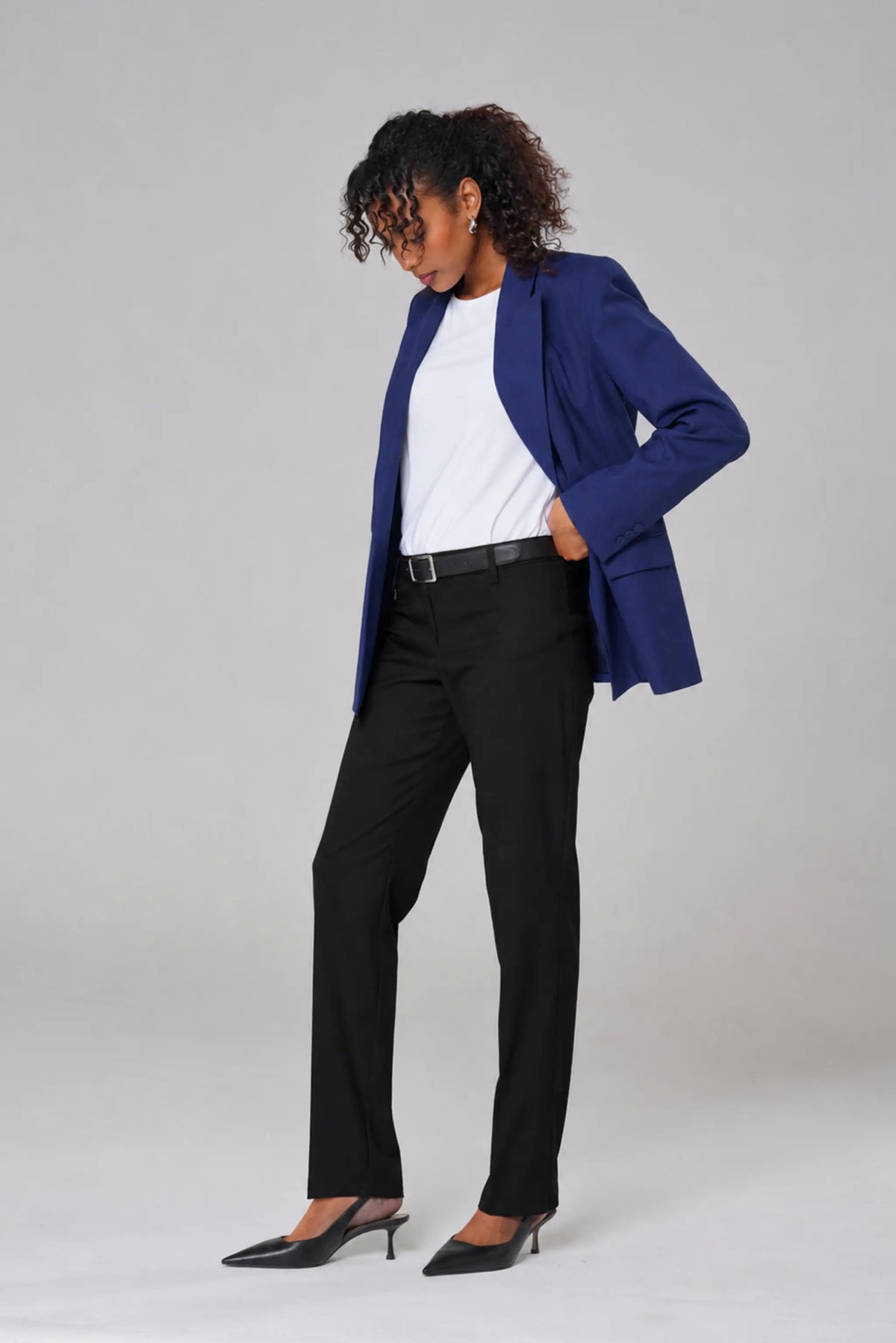 Shop tailored blue houndstooth blazer for women and formal black pant by ImNow.