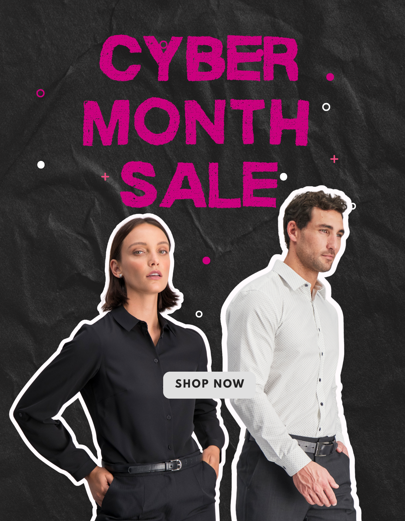 ImNow’s Black and White Mens and Womens Shirts and Blouses Styled with matching Formal Pants.