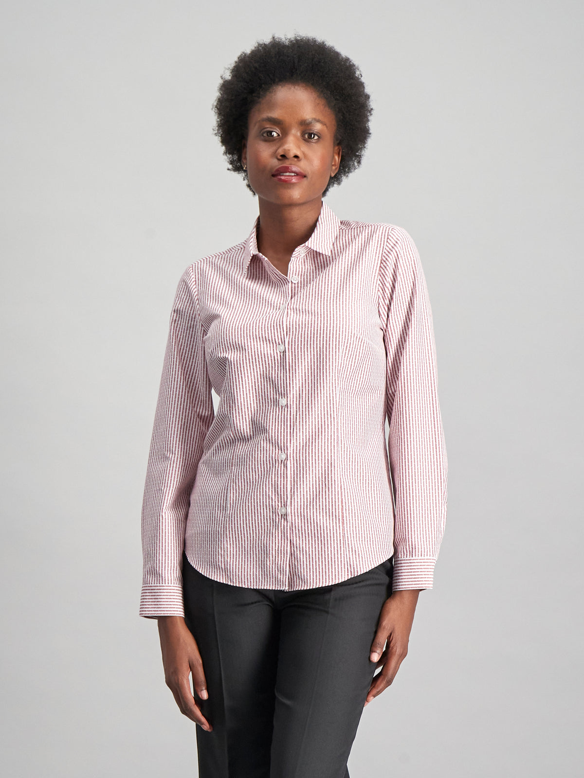 Karabo women's long sleeve cotton work shirt in Red Dobby Stripe – Imagemakers Online Store Sale