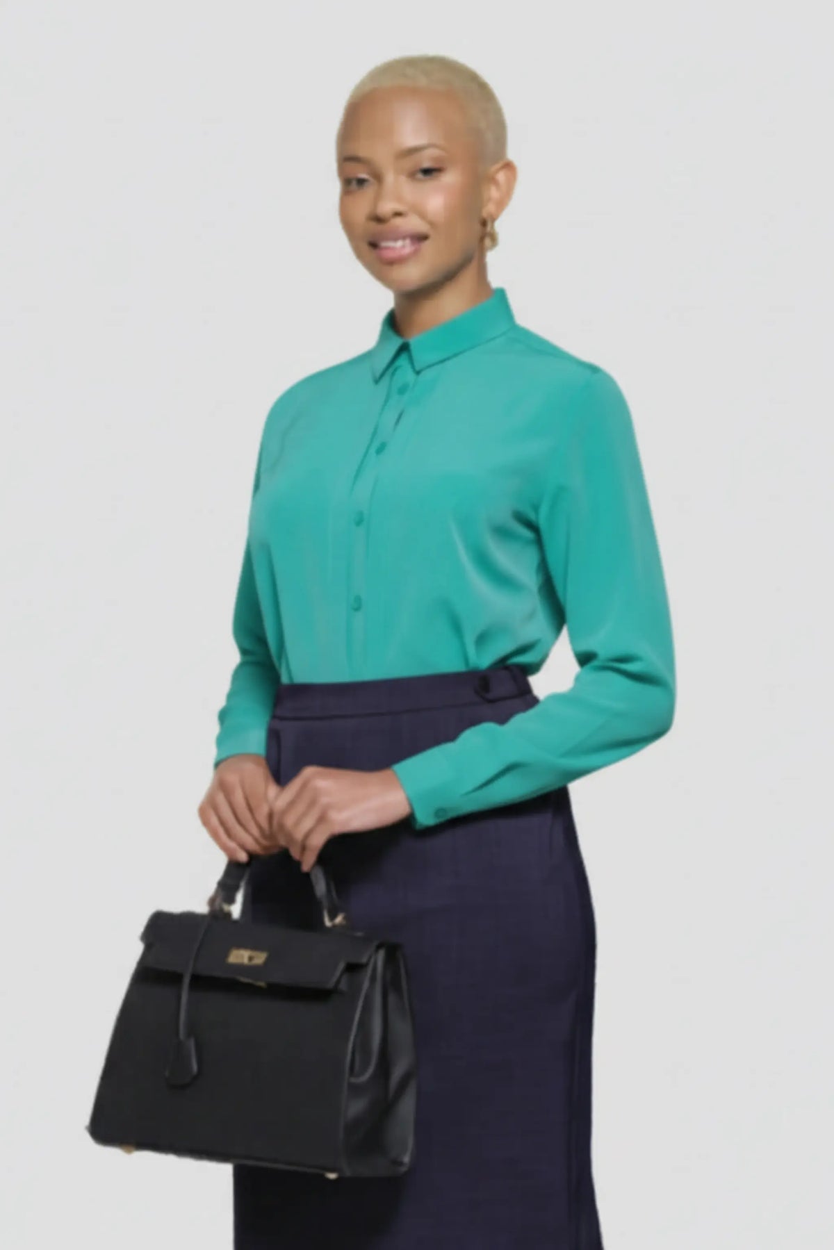 Ladies long sleeved, aqua blue smart shirt by ImNow.