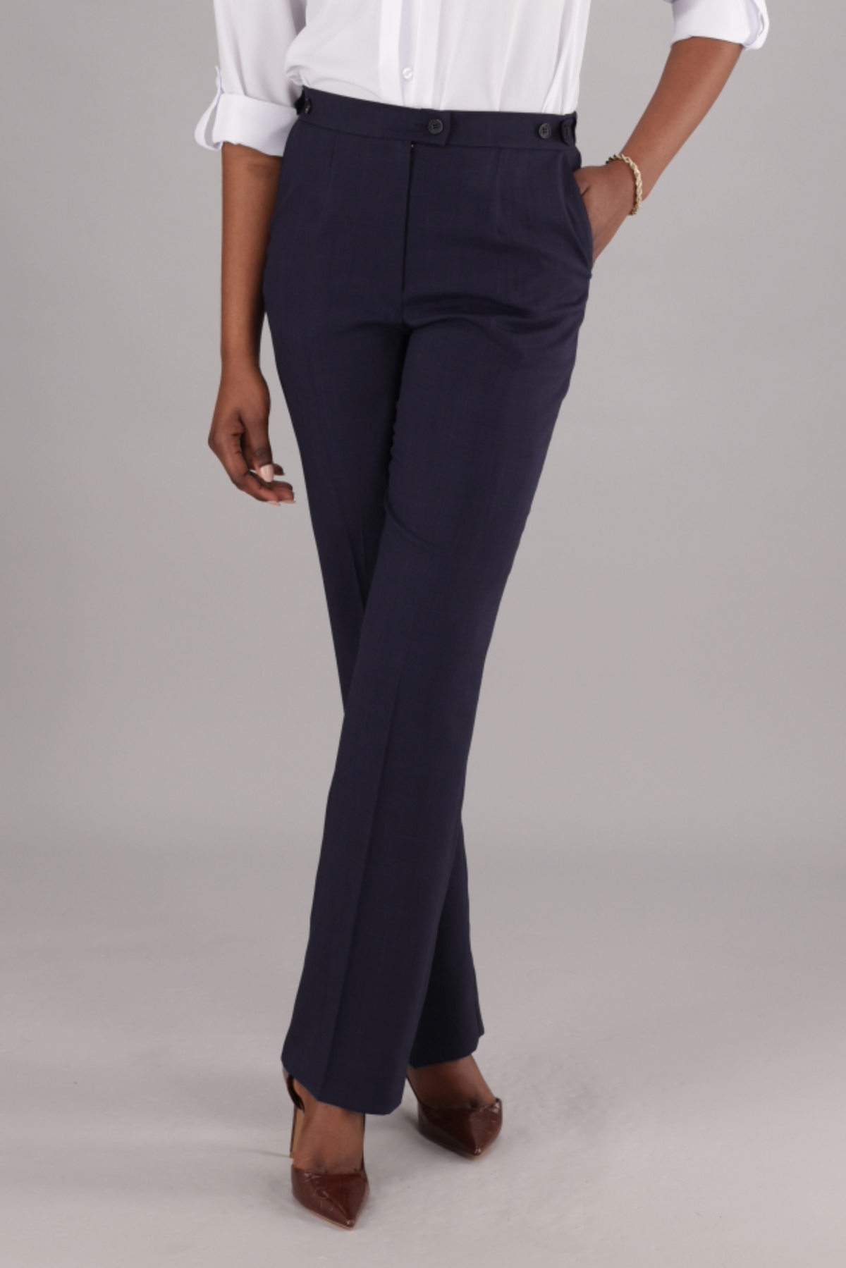 Helga Navy Work Trousers with High Rise, Straight Leg, and Elastic Waist – ImNow by Imagemakers