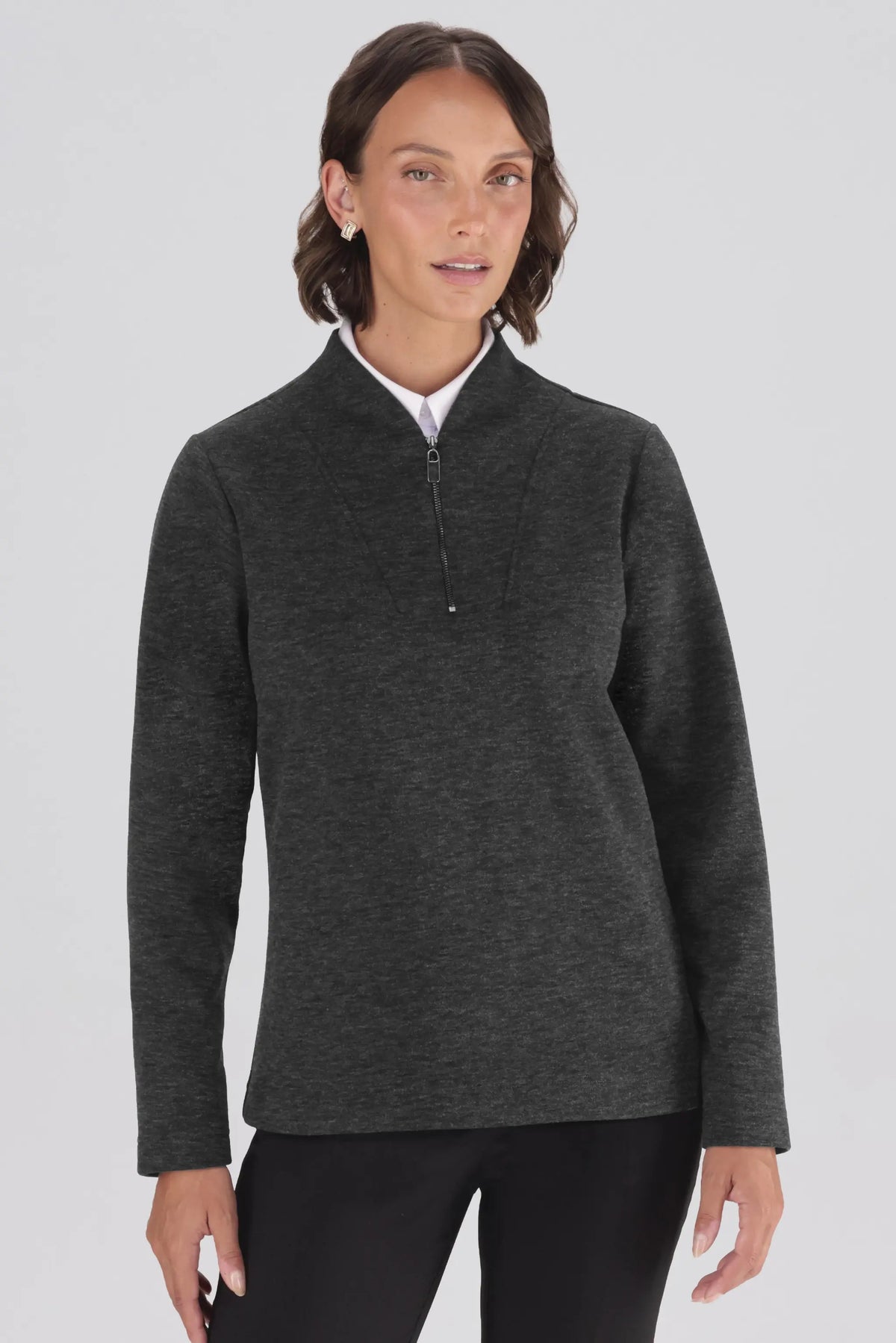 Ladies charcoal quarter zip knitwear pullover front view.