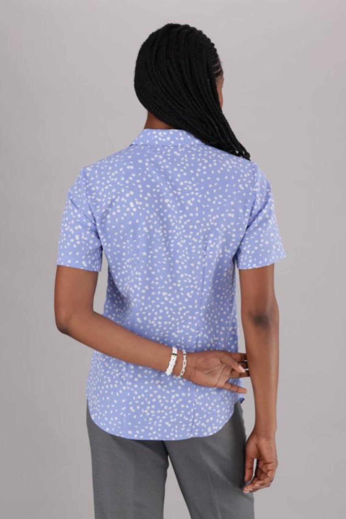 Light Blue and White Women’s Short Sleeve Office Shirt with Collar and Back  View showing Darts from ImNow. 