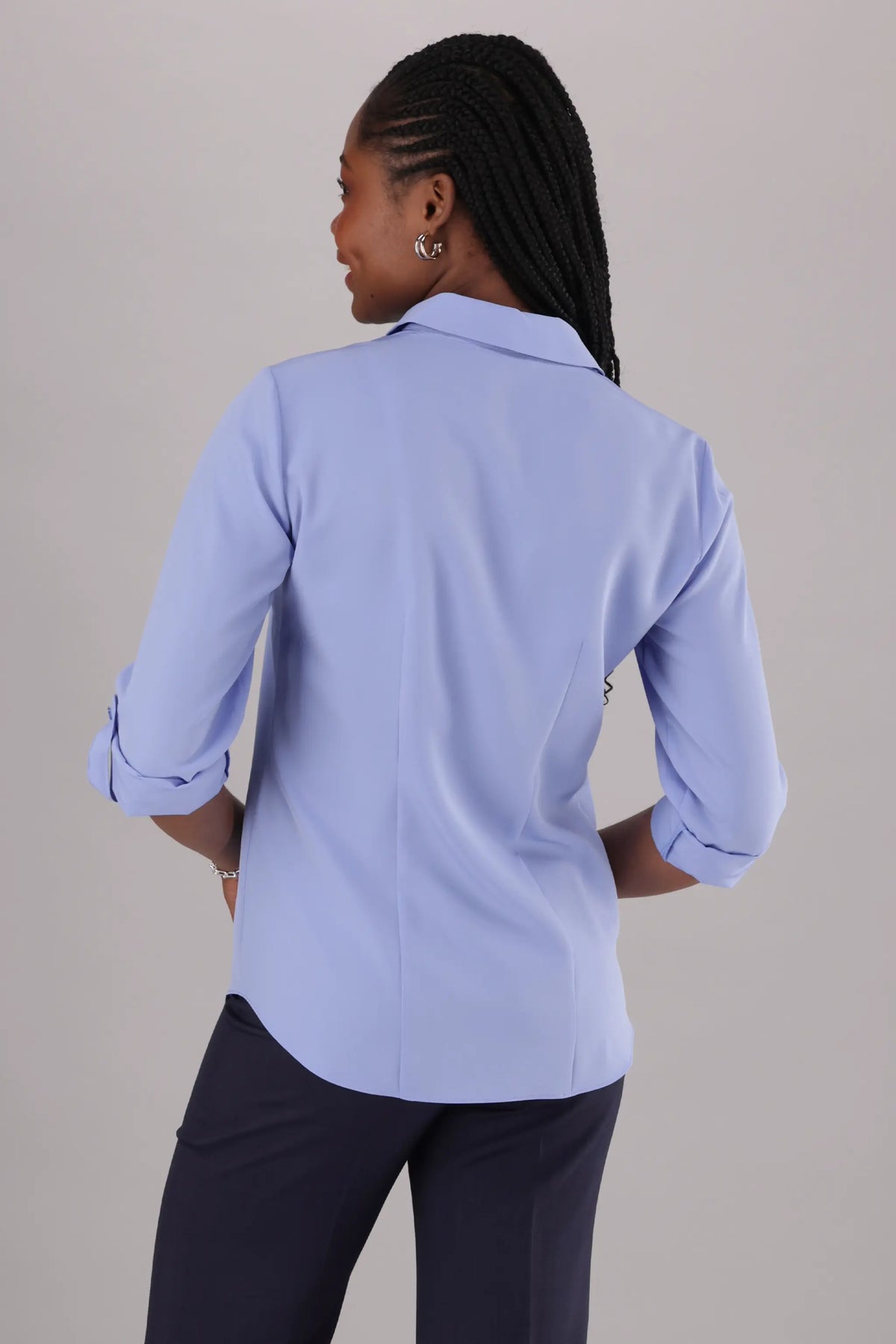 Back View of a Women's Light Blue Tabbed Work Shirt with Back Darts from ImNow.