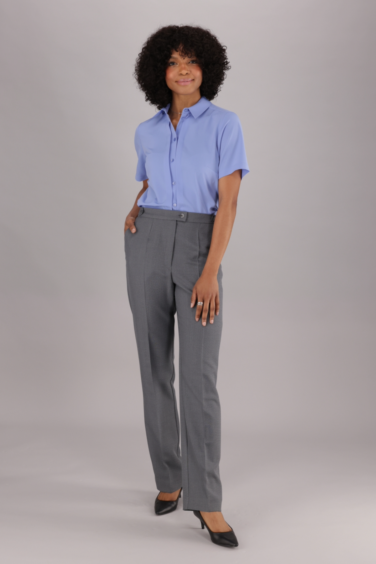 ImNow Women’s Short Sleeve Office Shirt with Collared Button Front and Pintuck detail in a Light Blue colour. 
