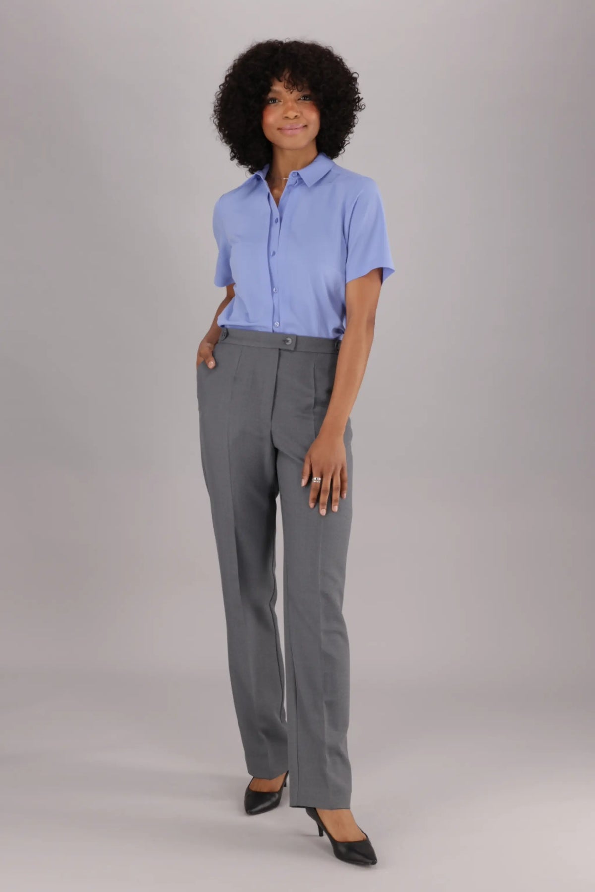 ImNow Women’s Short Sleeve Office Shirt with Collared Button Front and Pintuck detail in a Light Blue colour.