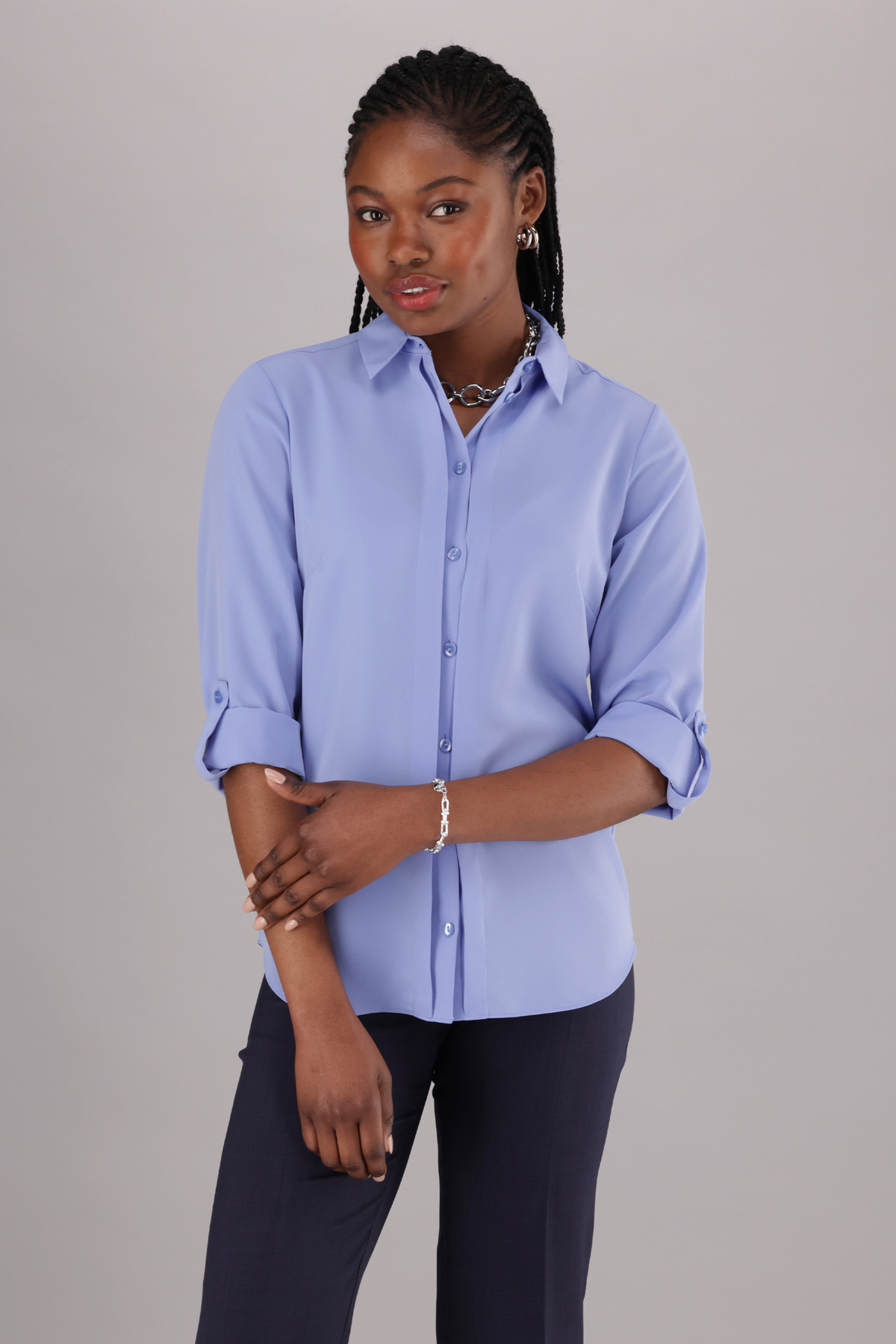 ImNow Women’s Tabbed Sleeve Office Shirt with Collared Button Front and Pintuck detail in a Light Blue colour. 