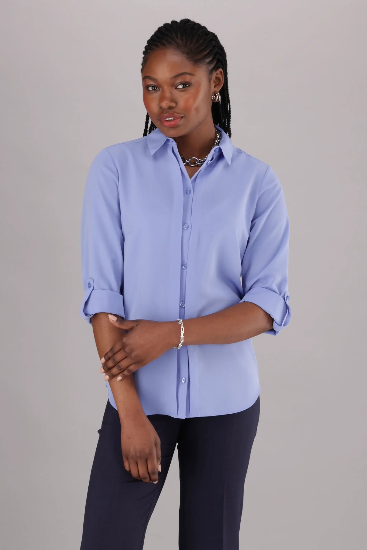 ImNow Women’s Tabbed Sleeve Office Shirt with Collared Button Front and Pintuck detail in a Light Blue colour.