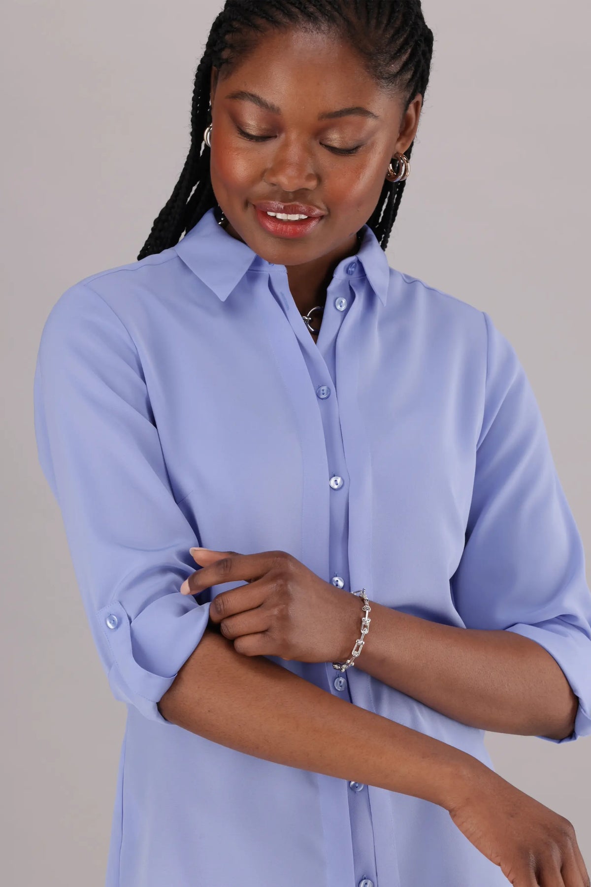 Long Sleeve ImNow Women’s Office Shirt with Classic Collar, Buttons and Pintuck detail in Light Blue.