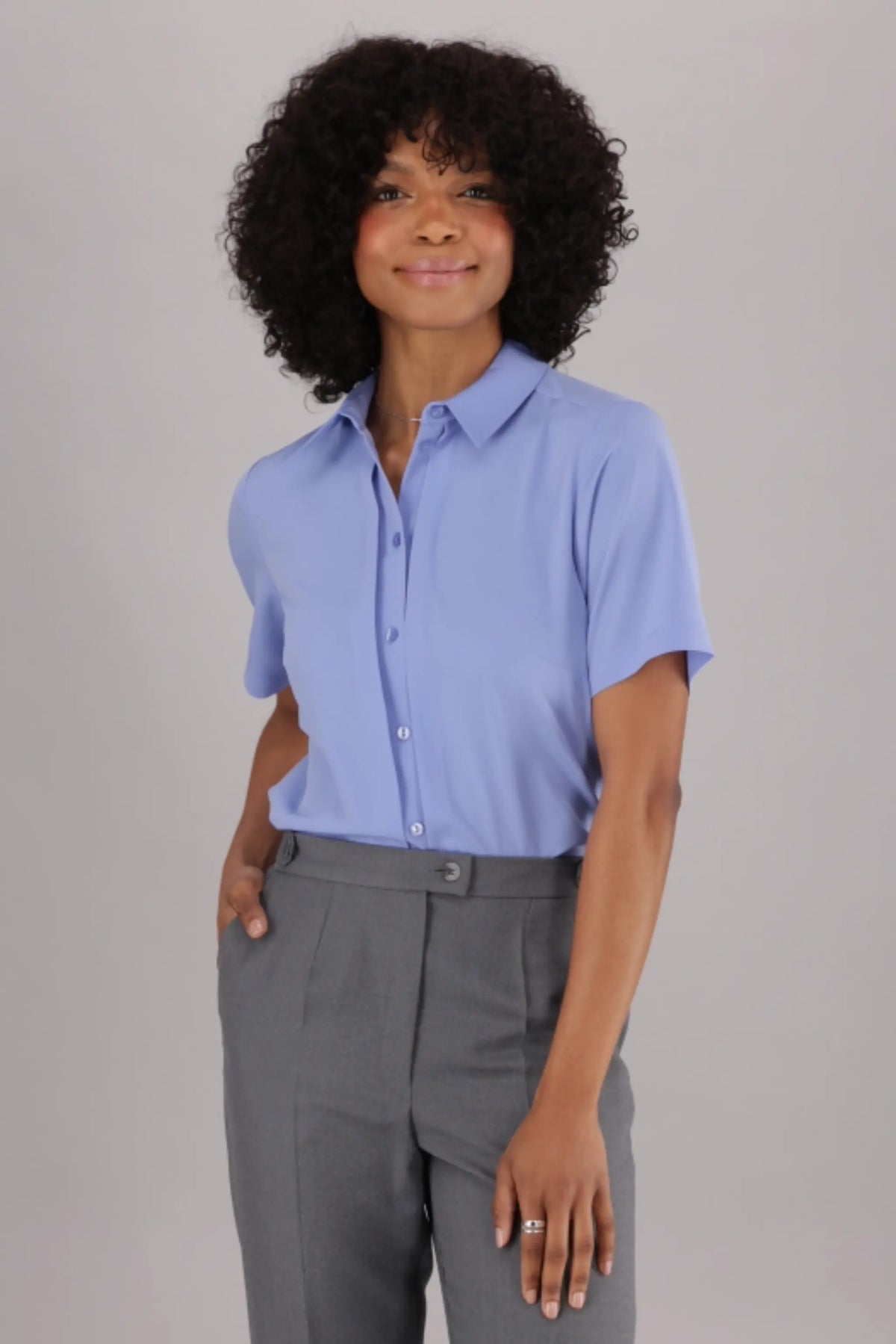 Short Sleeve Women’s Office Shirt by ImNow with Classic Collar, Buttons and Pintuck detail in Light Blue.