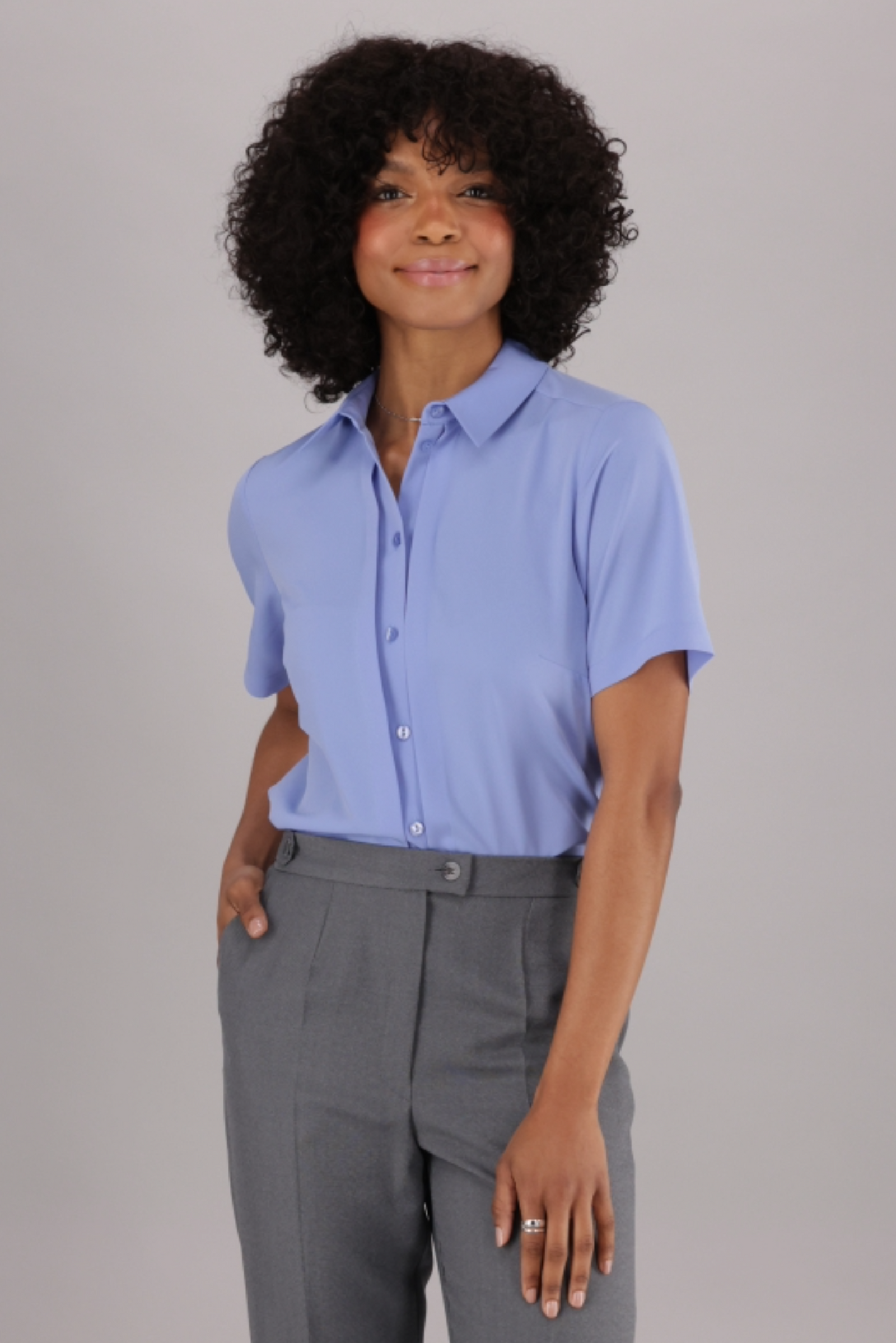 Short Sleeve Women’s Office Shirt by ImNow with Classic Collar, Buttons and Pintuck detail in Light Blue. 