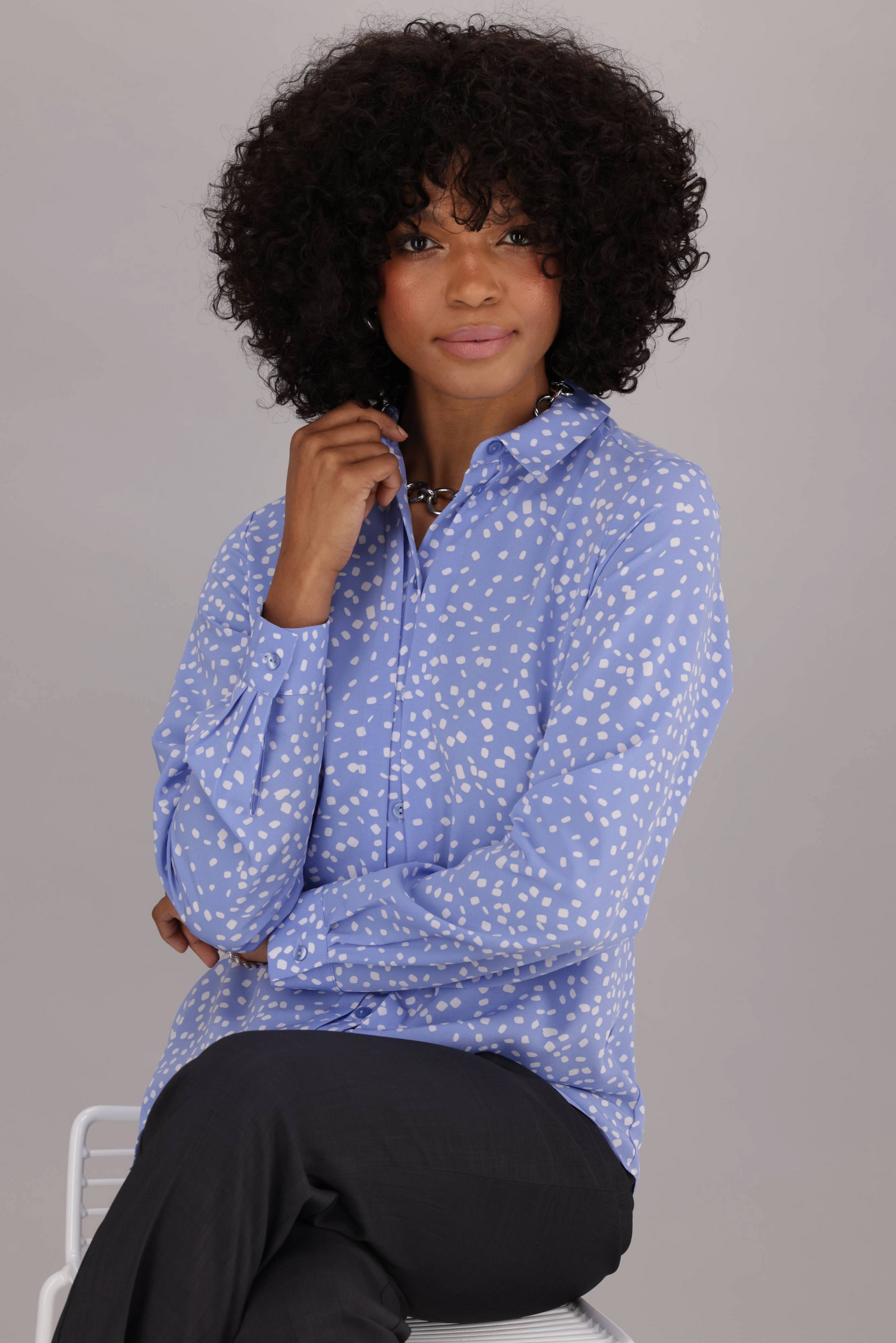 Women's Light Blue and White Printed Long Tebbed Sleeve Blouse, featuring a collar and buttoned detail from ImNow.