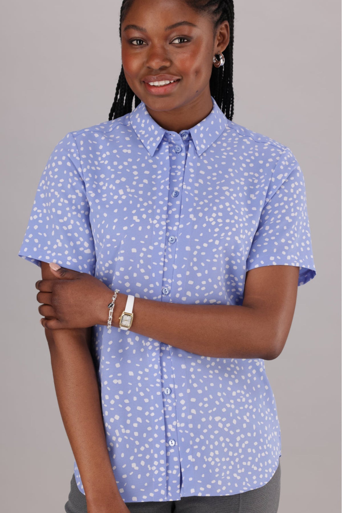 Women's Light Blue and White Printed Short-Sleeved Blouse, featuring a collar and buttoned detail from ImNow.