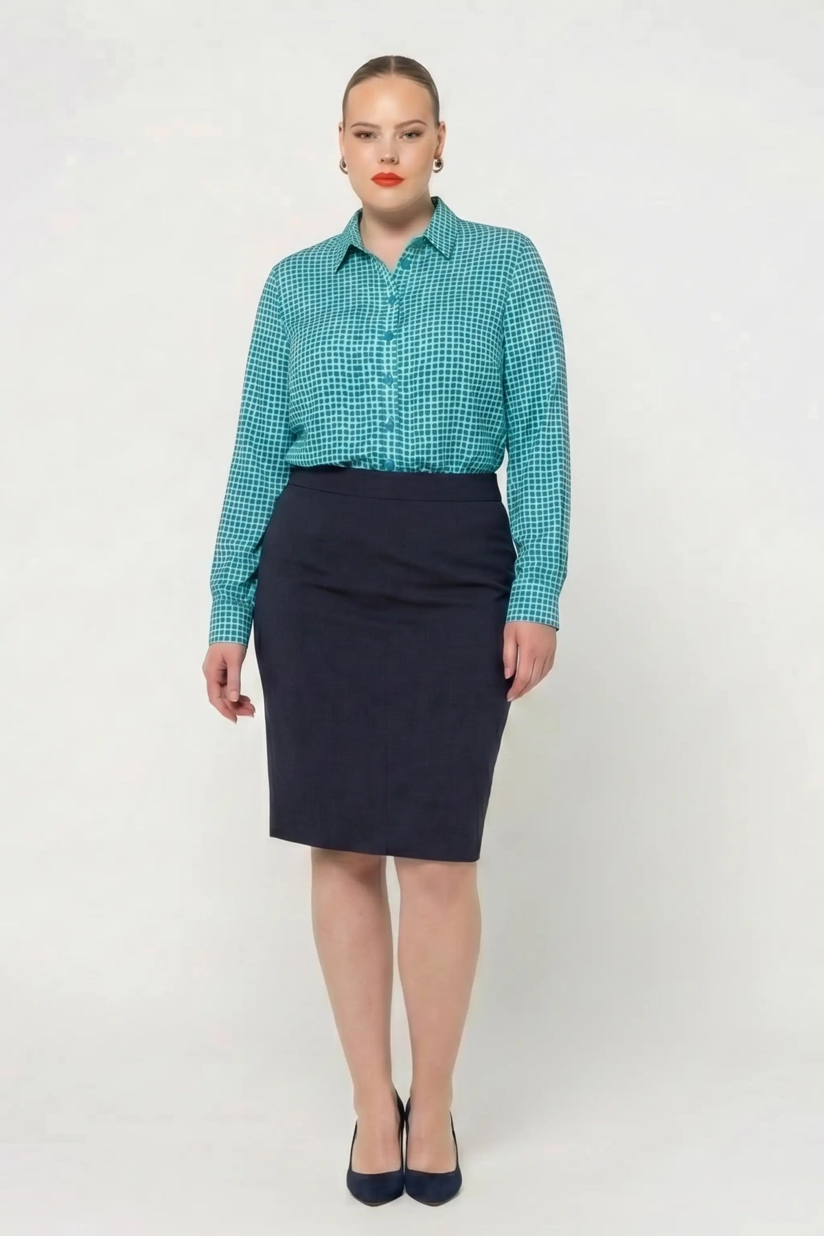 Ladies, buttoned long sleeve block printed top in blue by imNow.
