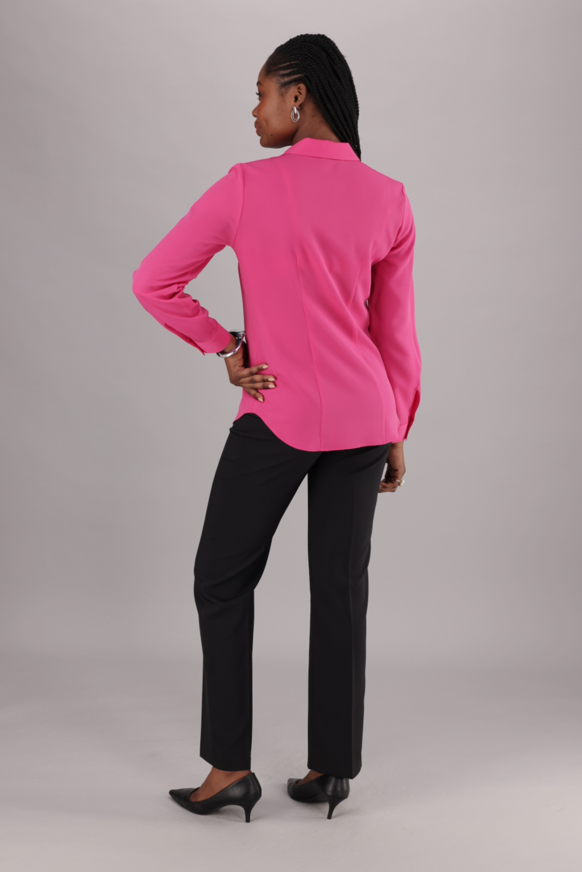 Classic Women’s ImNow Shirt for Work with Collar, Back Darts and Tabbed Sleeves in Pink.