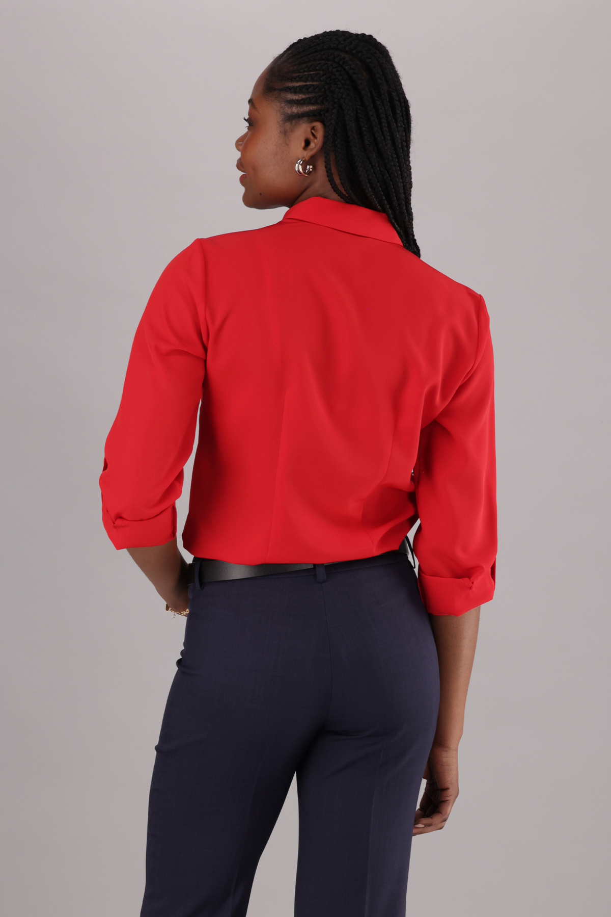 Back View of Long Sleeve Women’s ImNow Red Office Shirt with Classic Buttons and Pintuck Front Detail. 