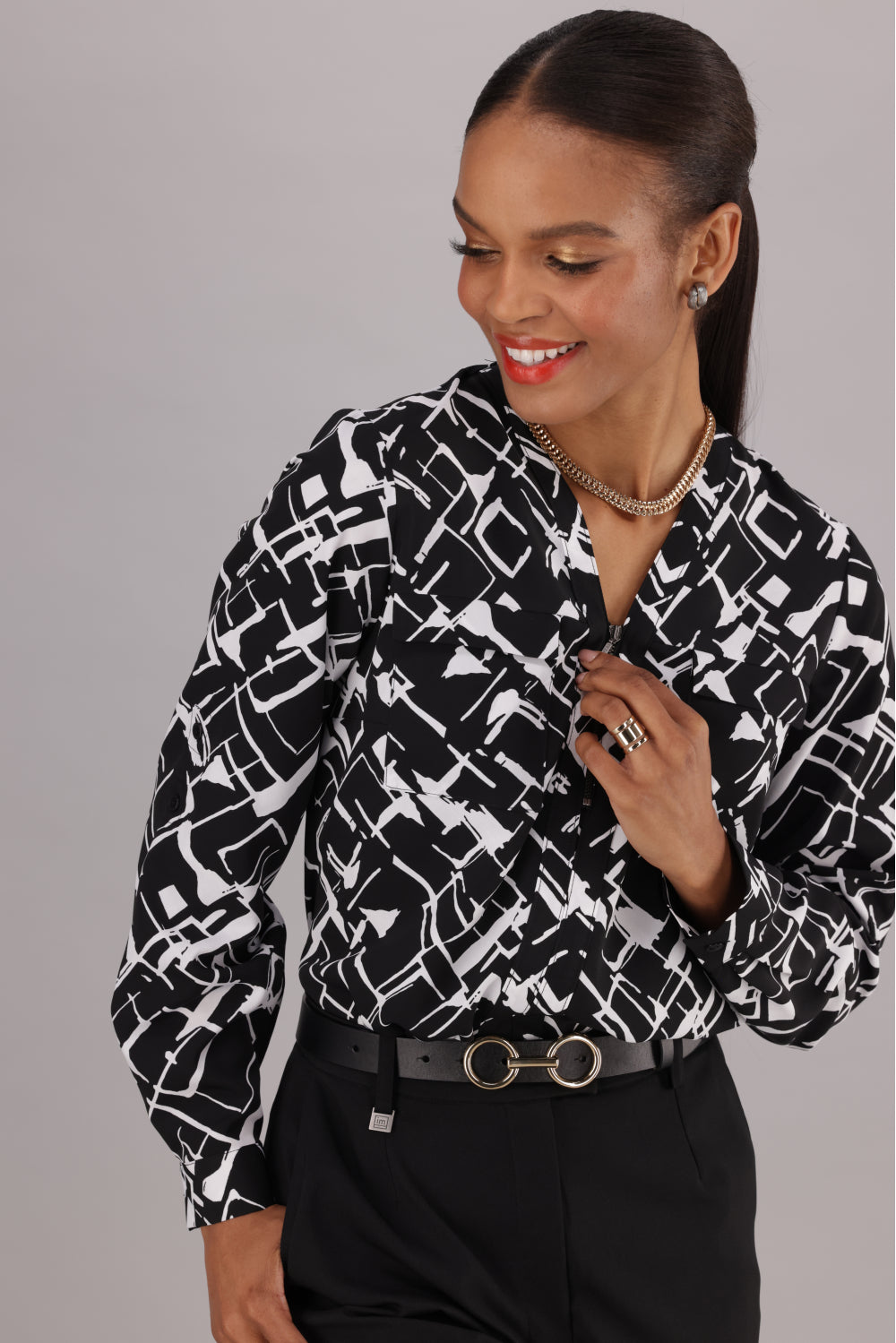 Monochrome Printed Women's over the Head Work Blouse with zip front and adjustable sleeves available from ImNow.