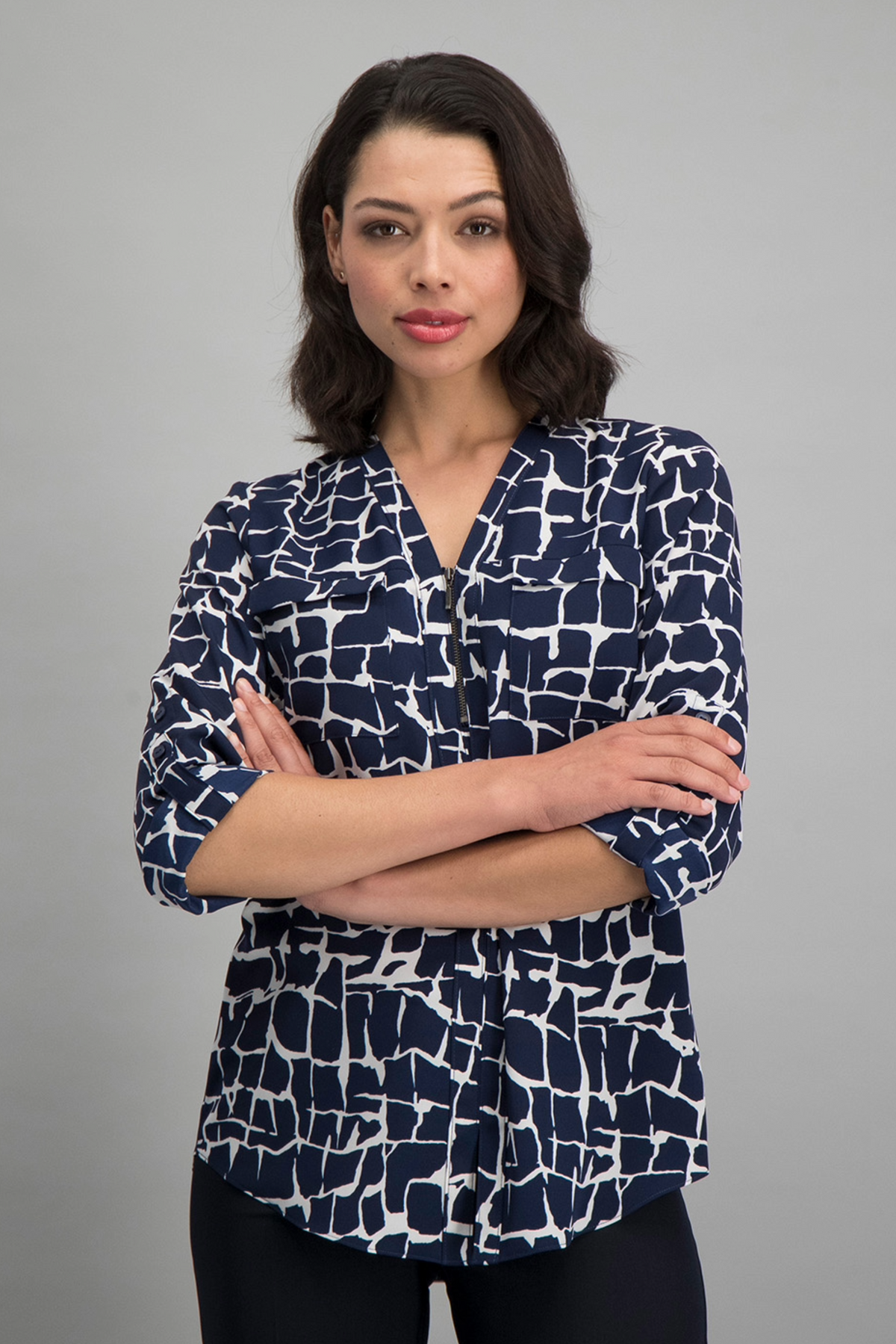 Long Sleeve Women's Navy and White Geometric Printed Zip-Up Neckline Top from ImNow. 