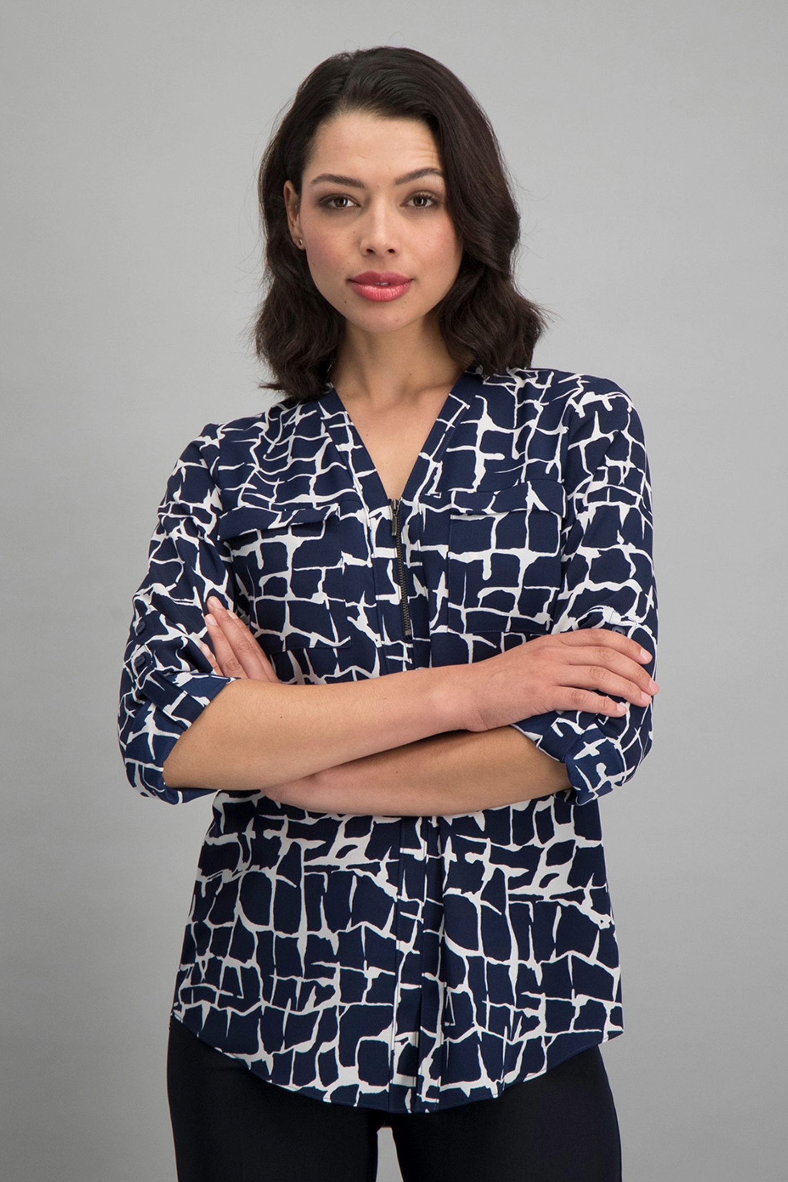 Long Sleeve Women's Navy and White Geometric Printed Zip-Up Neckline Top from ImNow. 
