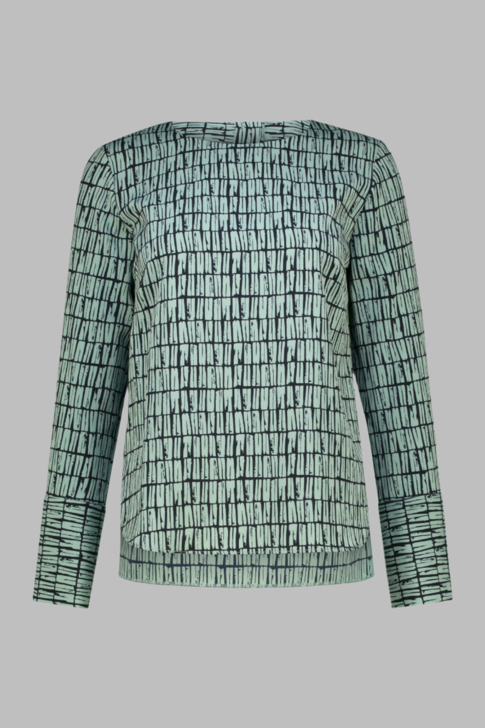 Ladies long sleeve round neck office top in black and green print