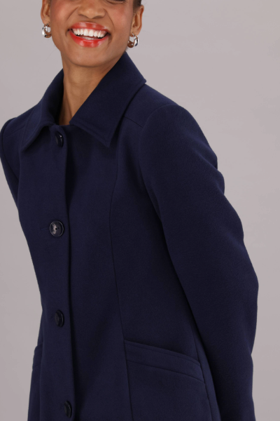 Elegant Women’s Navy Melton Coat featuring Front Buttons, Side Pockets and a Structured Collar by ImNow.