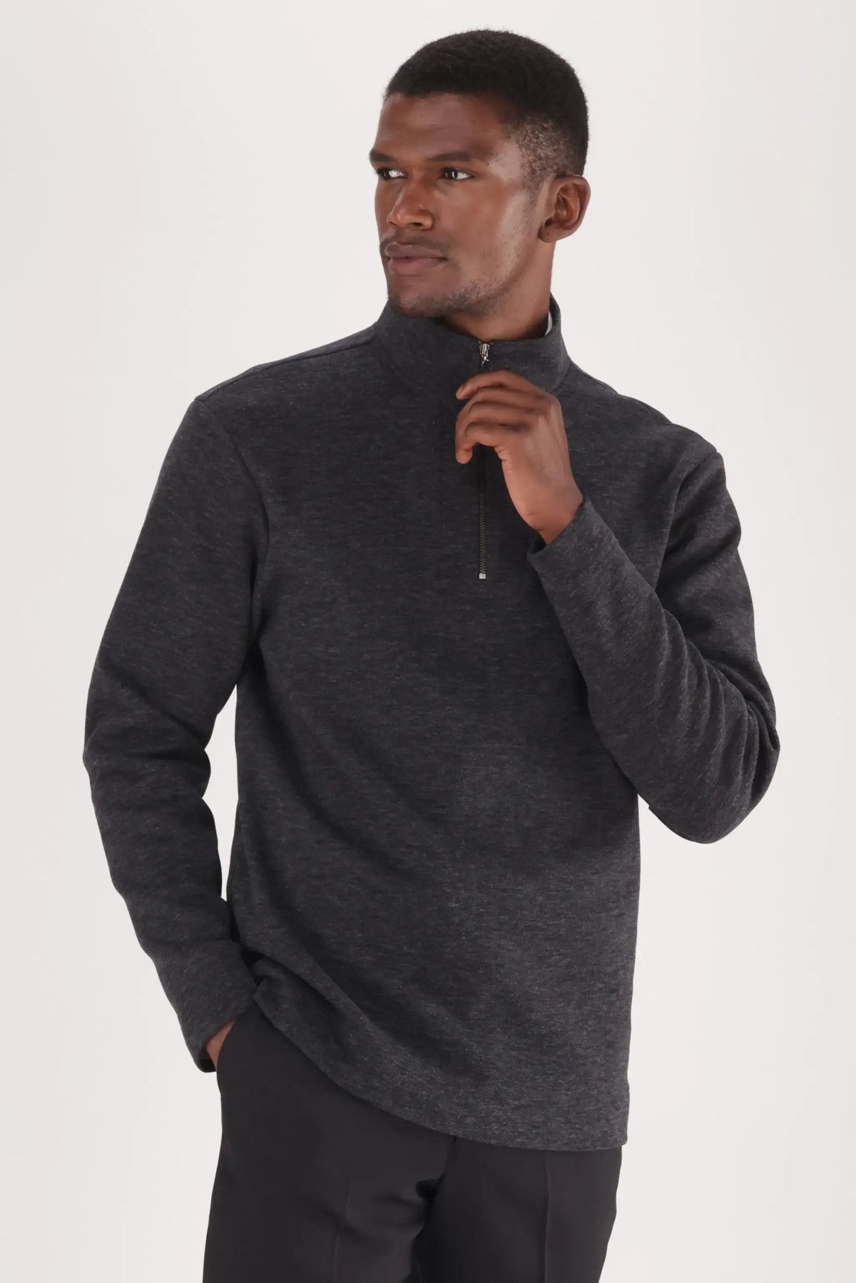 Shop men’s charcoal melange quarter zip knitted pullover with a soft warm knit, high neck and modern fit—perfect for casual winter wear.