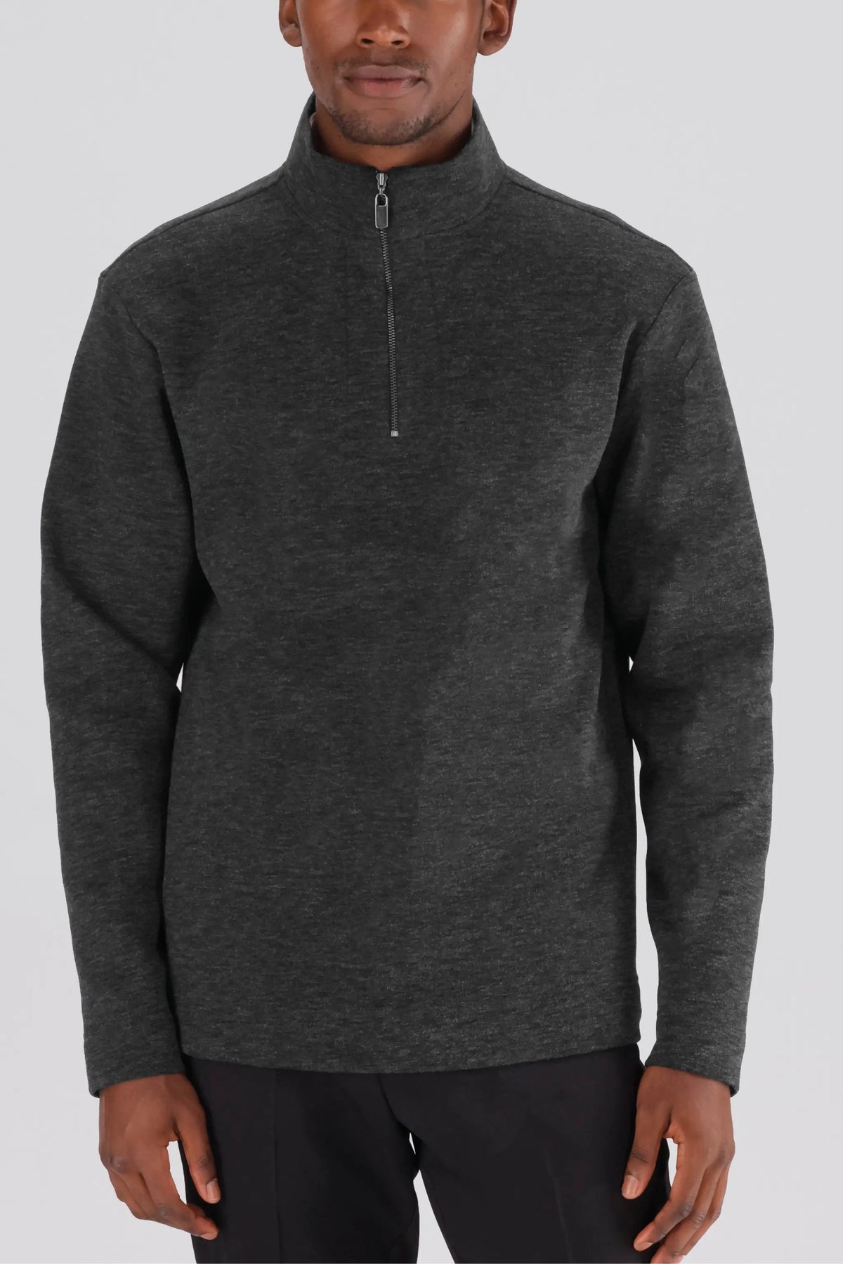Full front view of men’s charcoal melange quarter zip knit sweater styled for casual winter wear