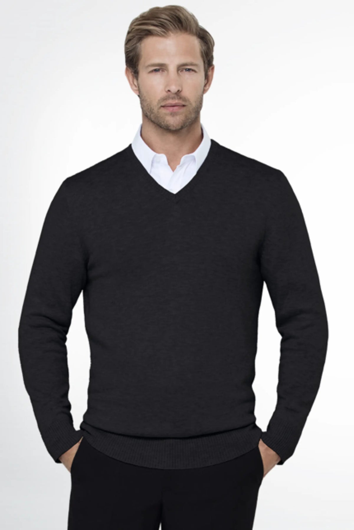 Men's charcoal grey, long sleeve v-neck pullover by ImNow.