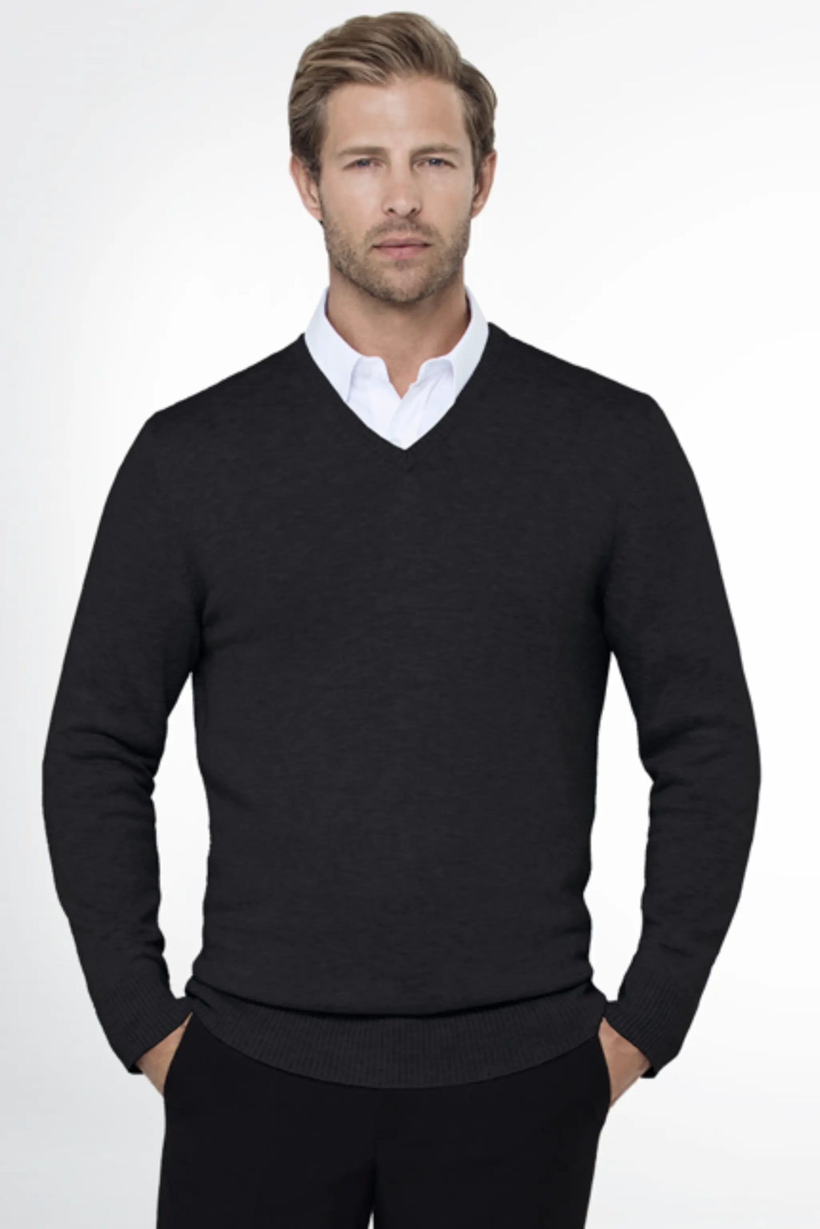 Men's charcoal grey, long sleeve v-neck pullover by ImNow.