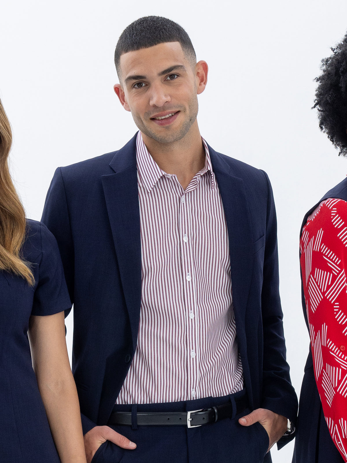 Men's navy blue blazer and red striped shirt look by ImNow.