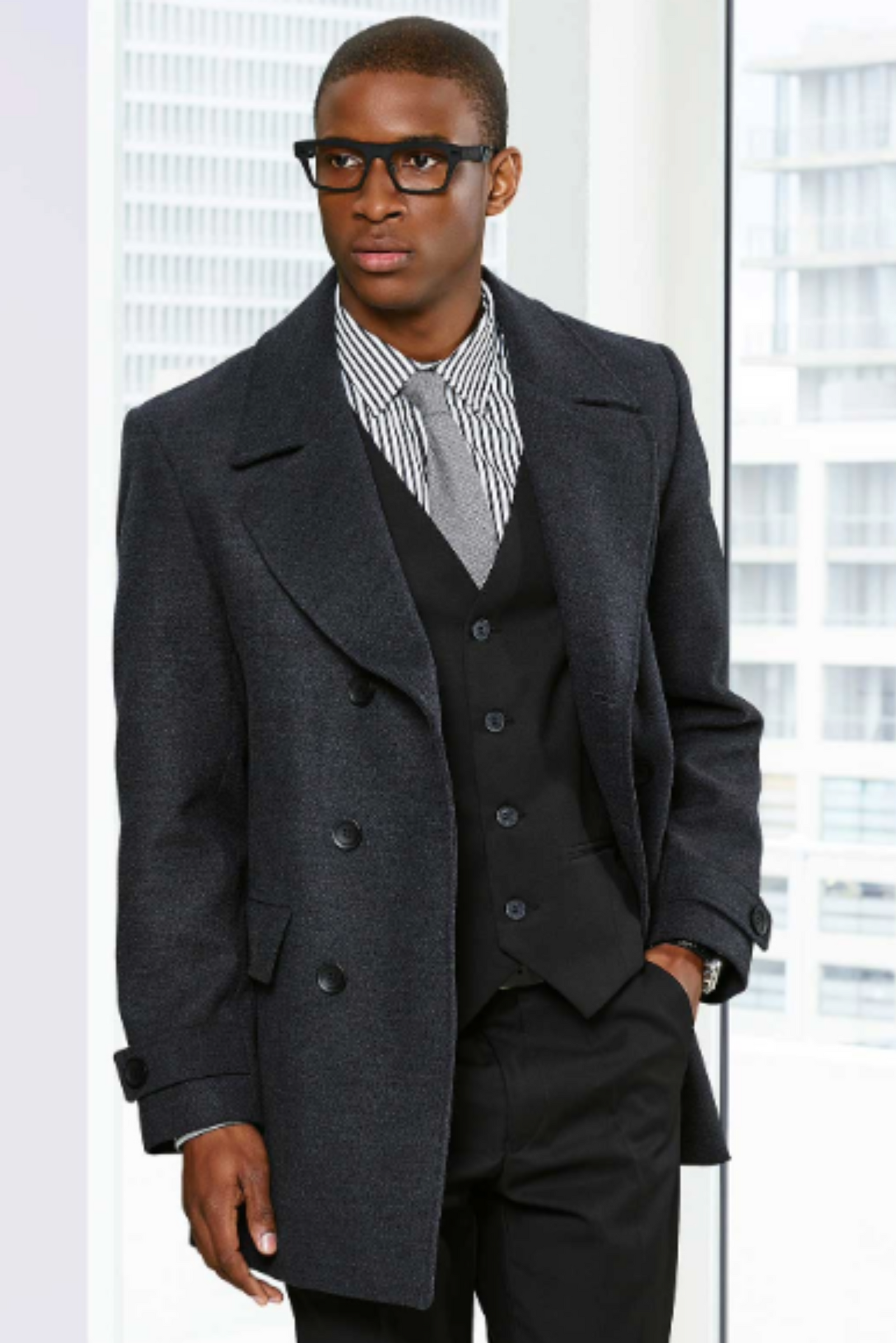 Double-Breasted coat for men in Dark Grey, Wear it over a Suit for the Perfect layered Office Look.