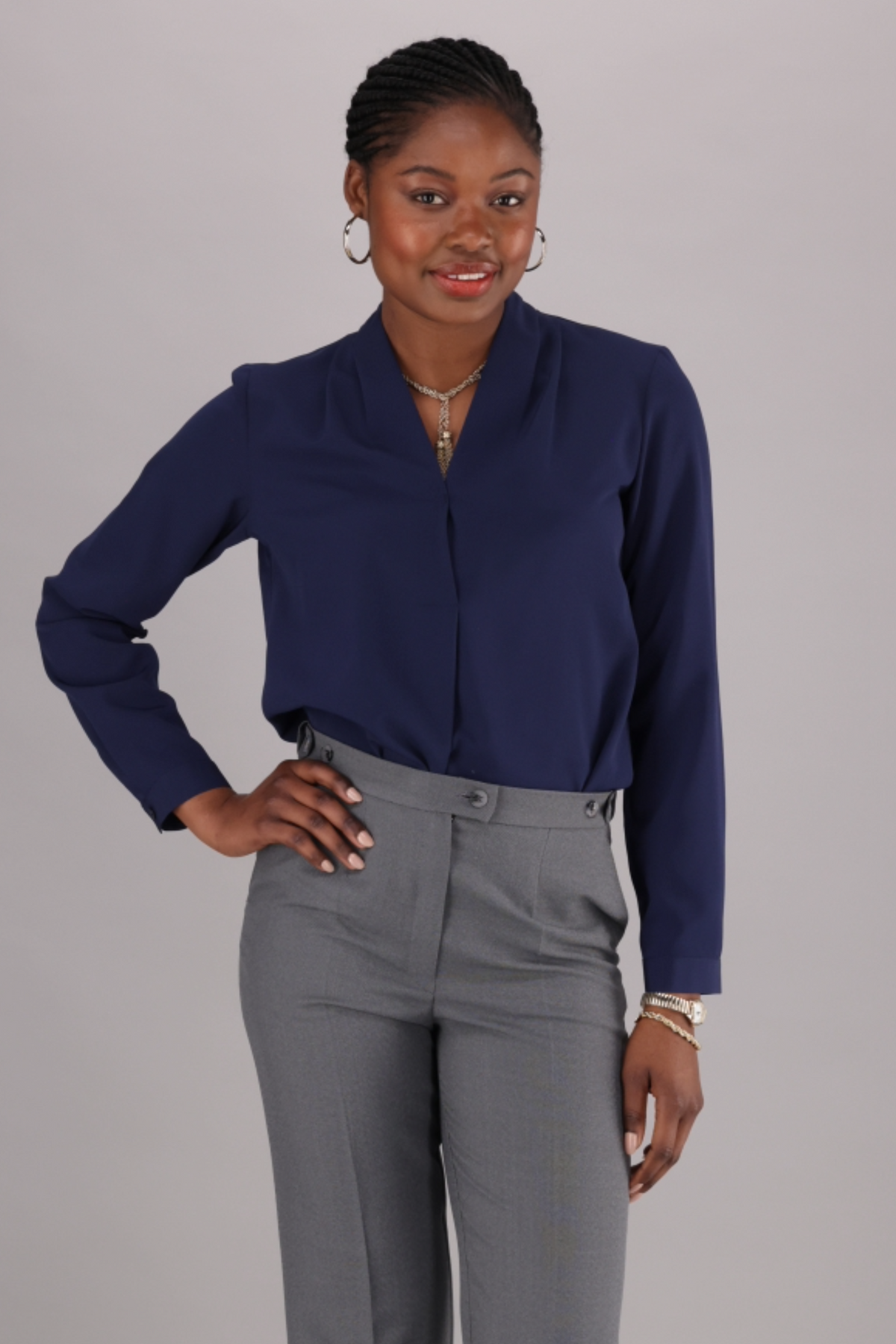 Women's long sleeve v-neck blouse in navy available to shop from ImNow.