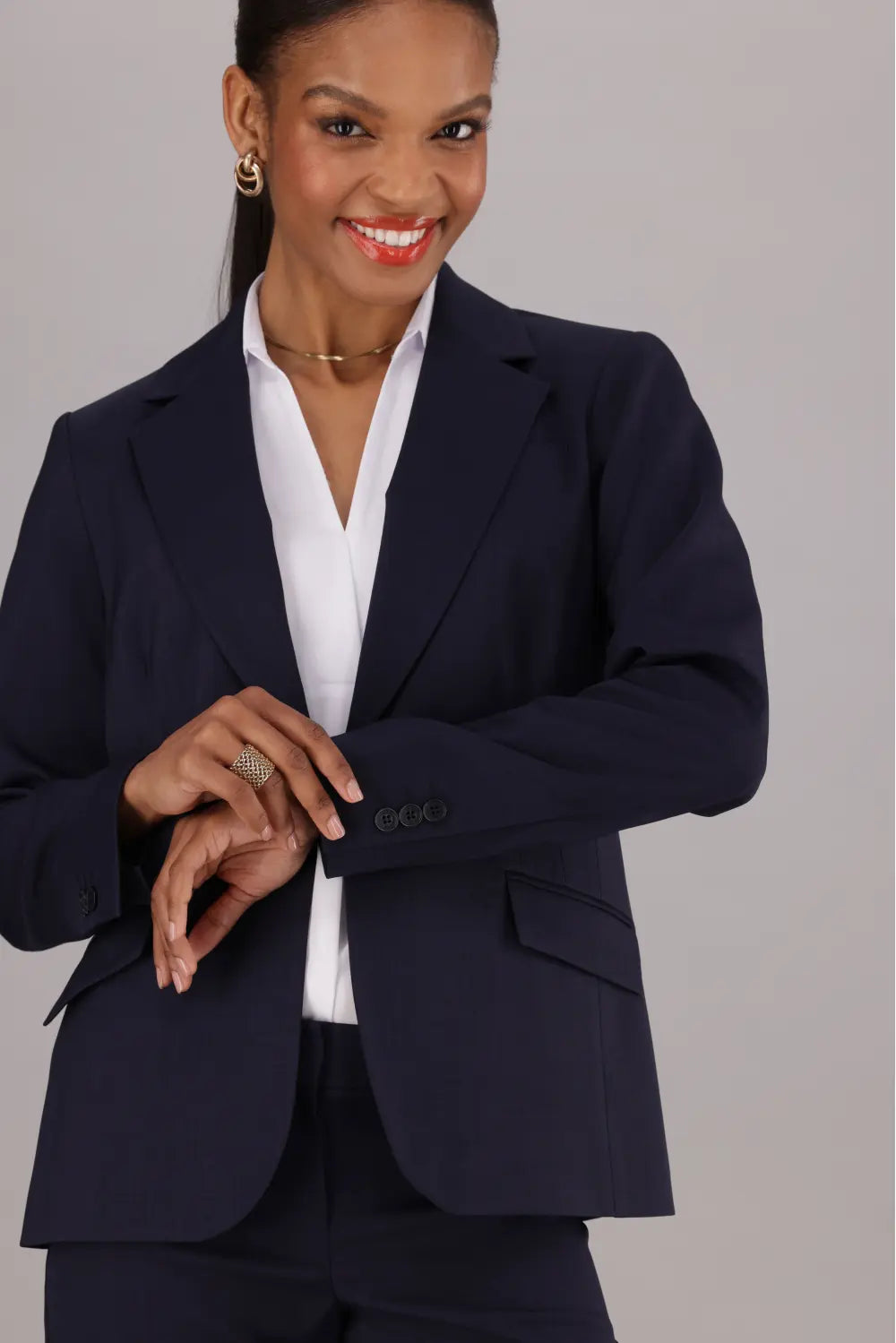 Close up of our Ladies Navy Corporate Blazer for work by ImNow.