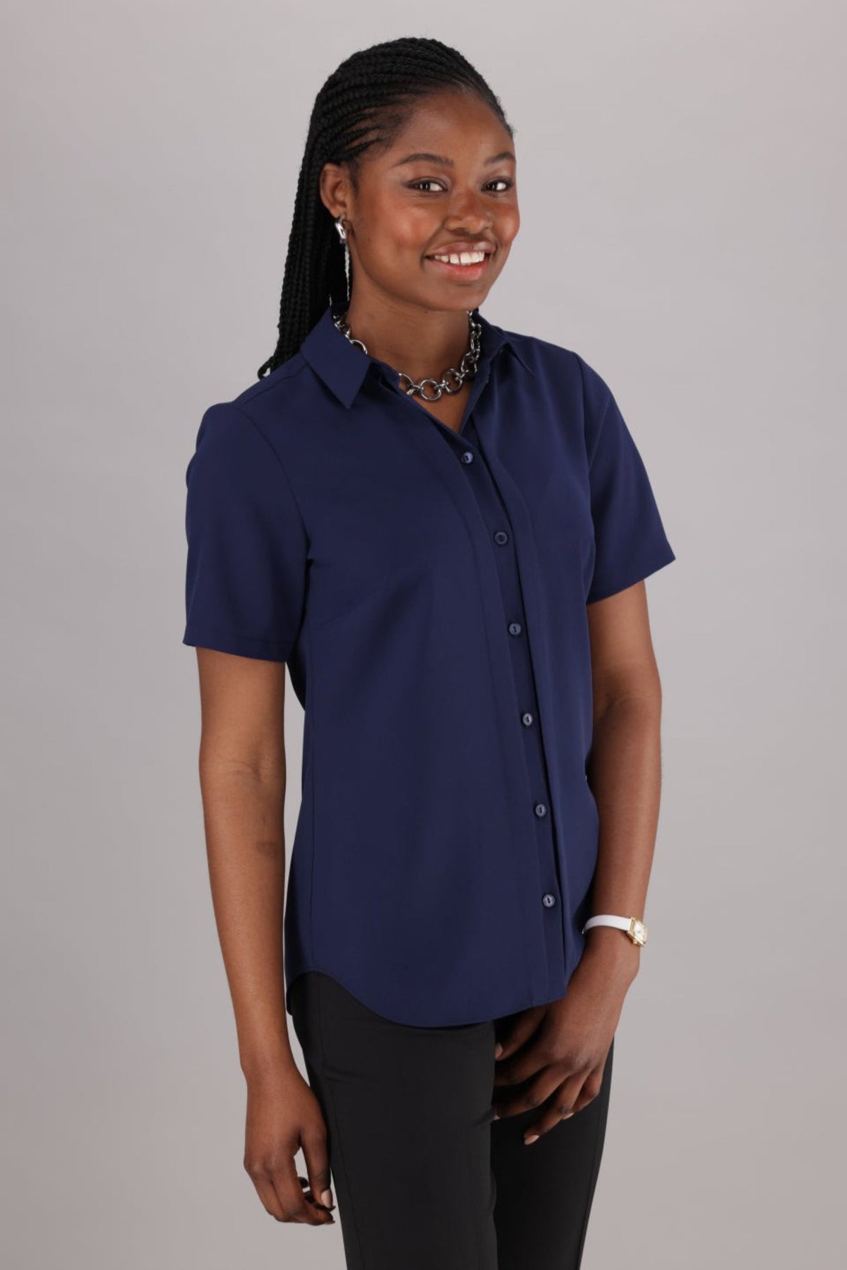Women’s ImNow Office Shirt in Navy with Pintuck Detail and Front Buttons with a Collar.