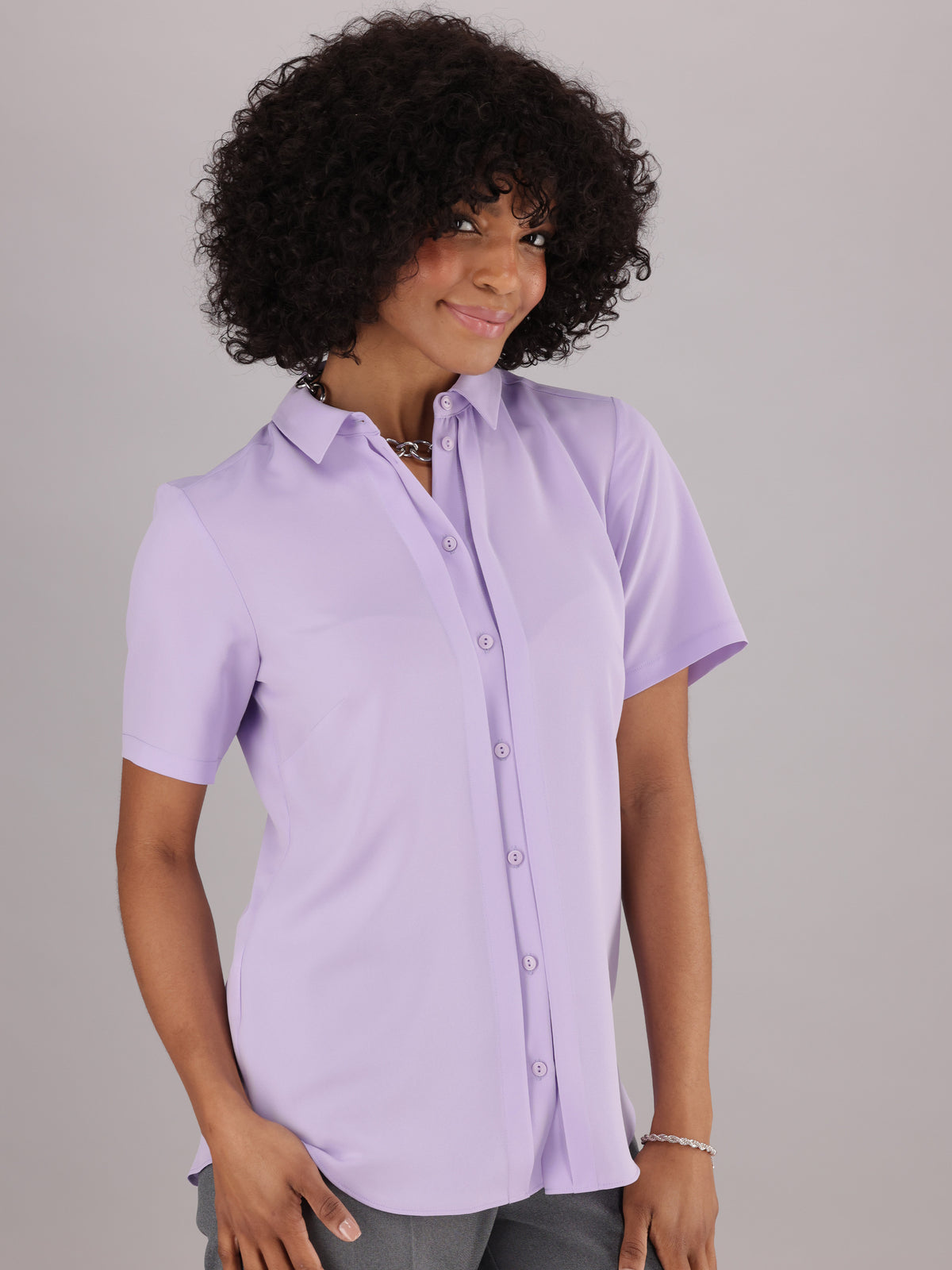 Professional Women’s Purple Short Sleeve Shirt by ImNow with Buttoned Design. 