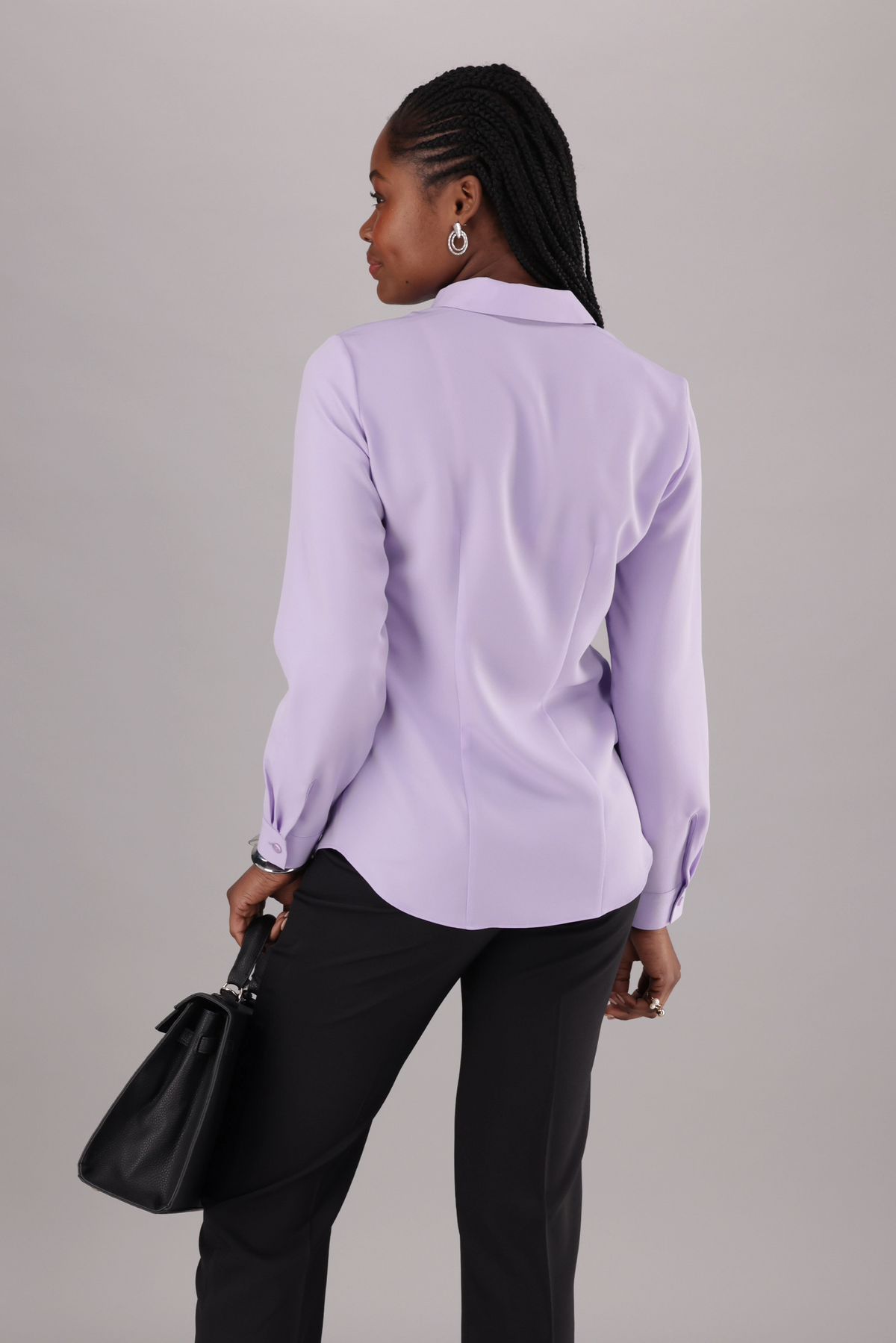 Back VIew of ImNow Blouse in Purple with Back Darts and Structured Collar with Long Sleeves ideal for all Women. 