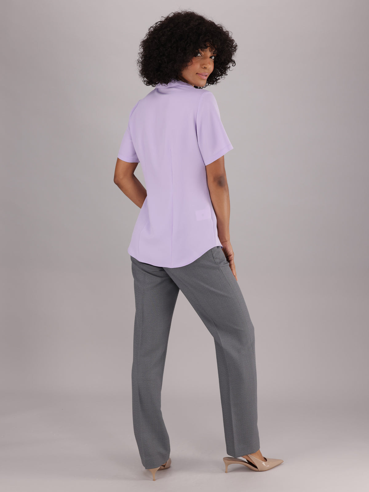 Short Sleeve ImNow Women’s Blouse in Purple with Classic Button Closure and Pintucks.