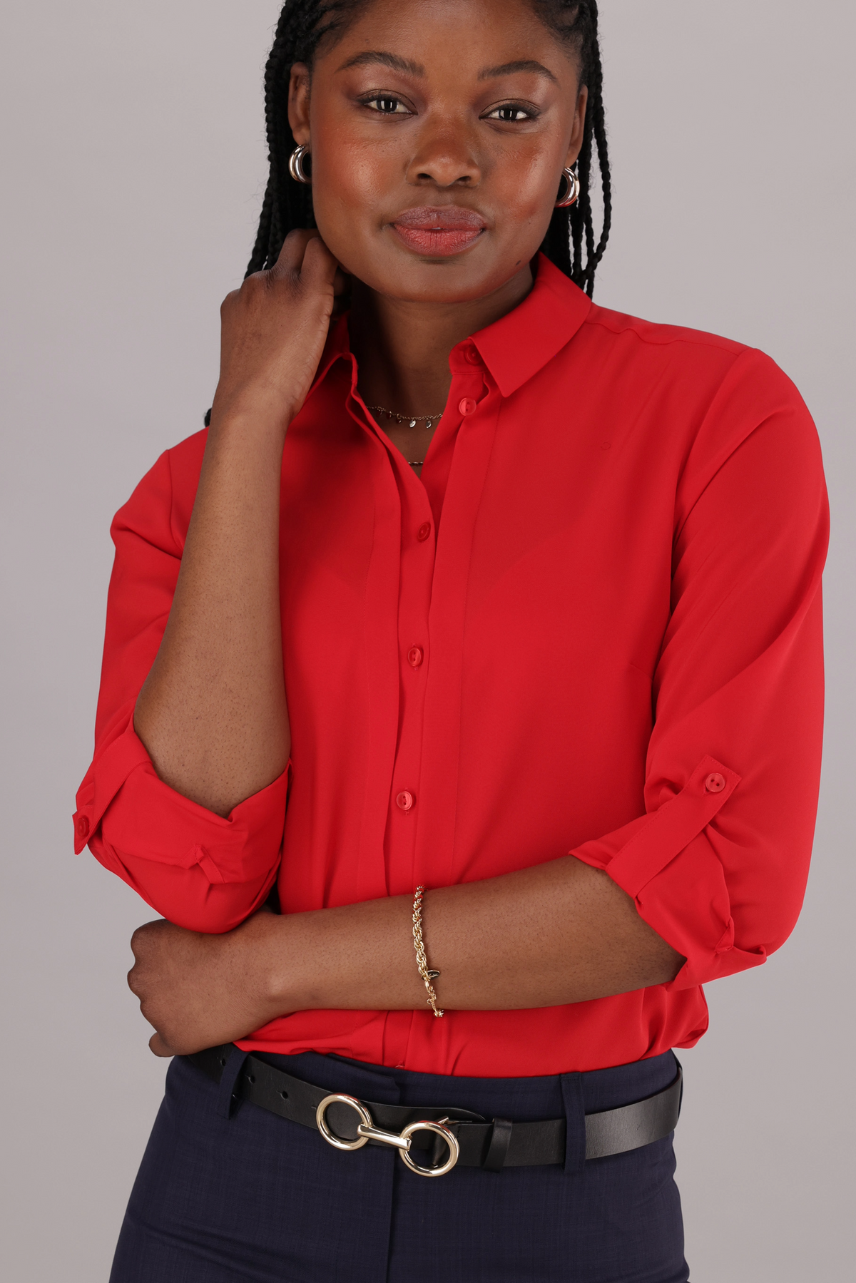 ImNow Short Sleeve Office Blouse for Women with Tailored Pintuck Design in Red with Long Sleeves,