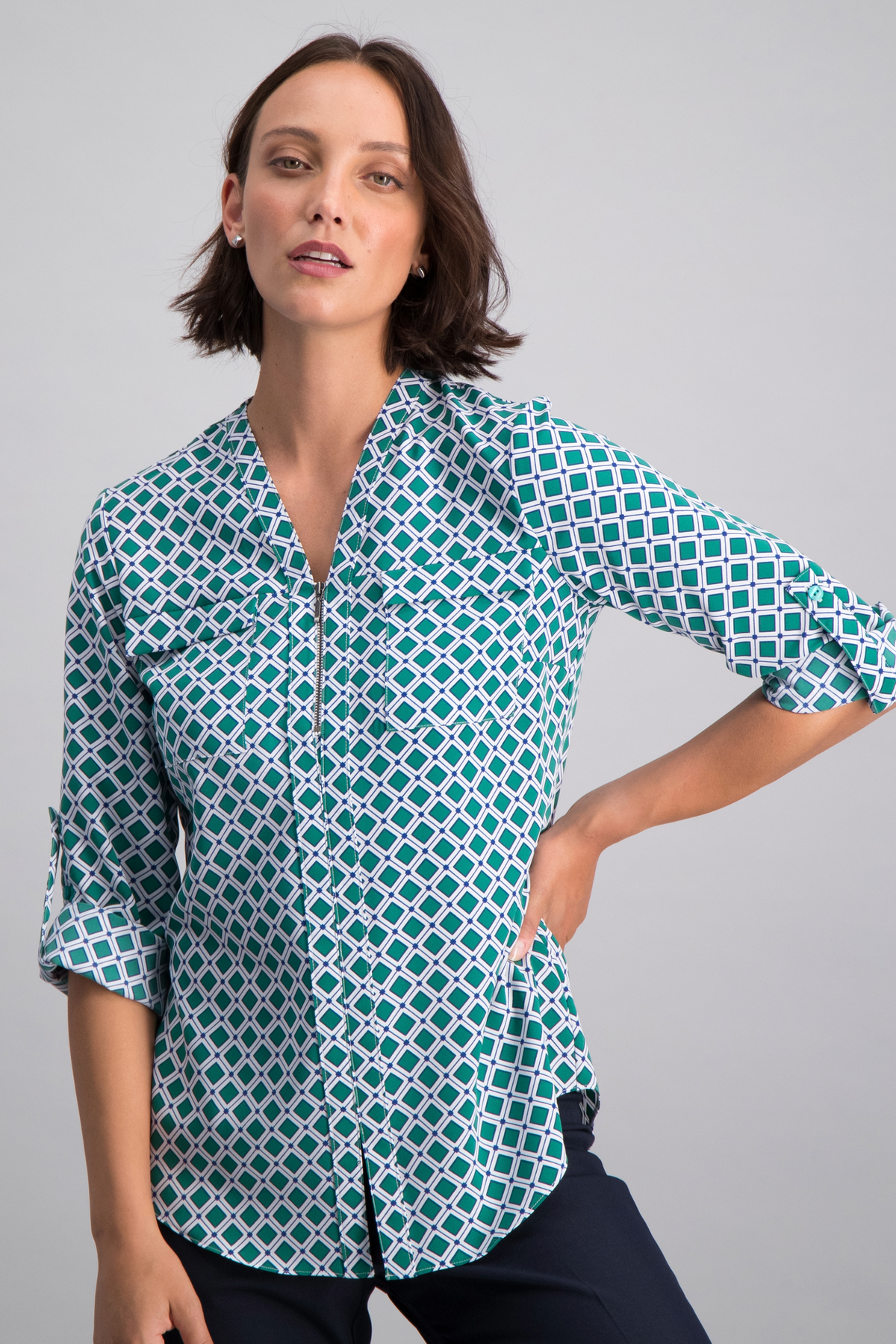 Sabrina zipped neckline blouse - green print