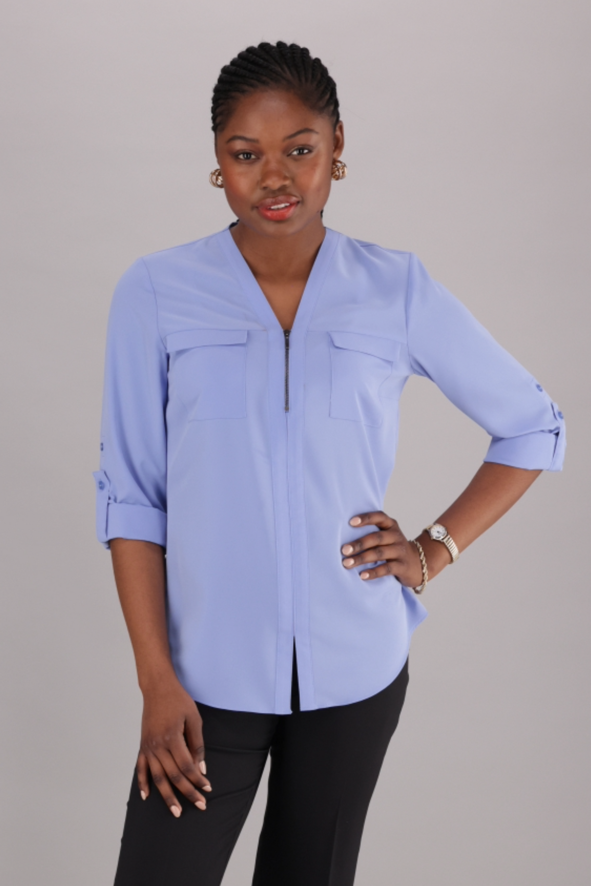 Imnow Powder Blue Women’s V-Neck Zip-Front Top Made From Soft, Easy-To-Care-For Fabric.