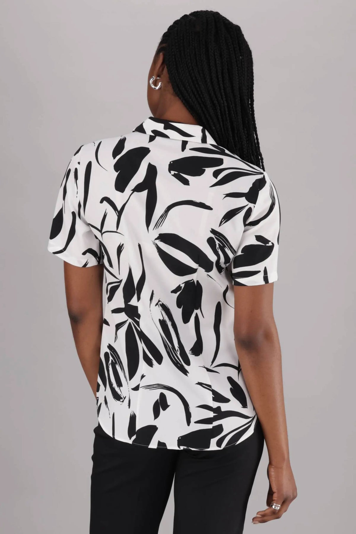 ImNow Classic Women’s Office Shirt with Short Sleeves and Structured Collar available in White and Black Print.