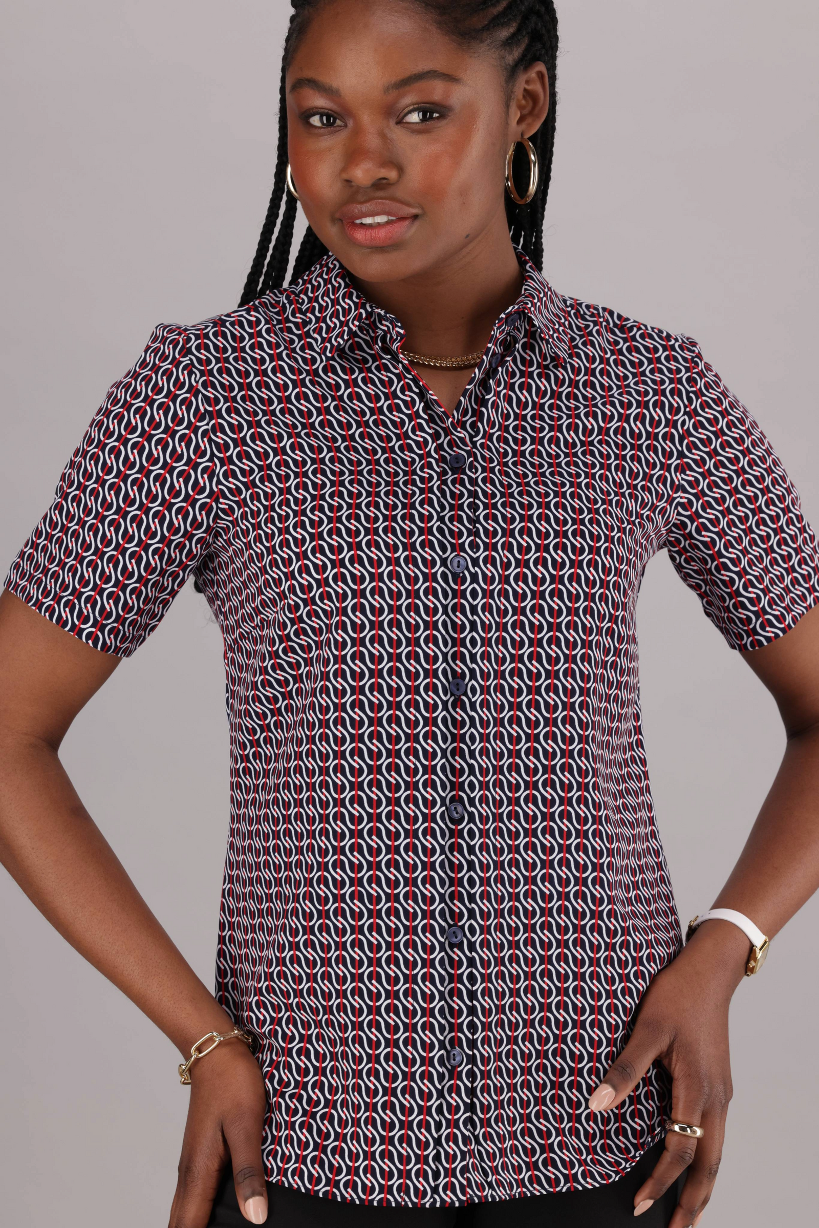 Short Sleeve Womens Classic Collar Shirt with Short Sleeves in a Geometric Red, White and Navy print by ImNow. 