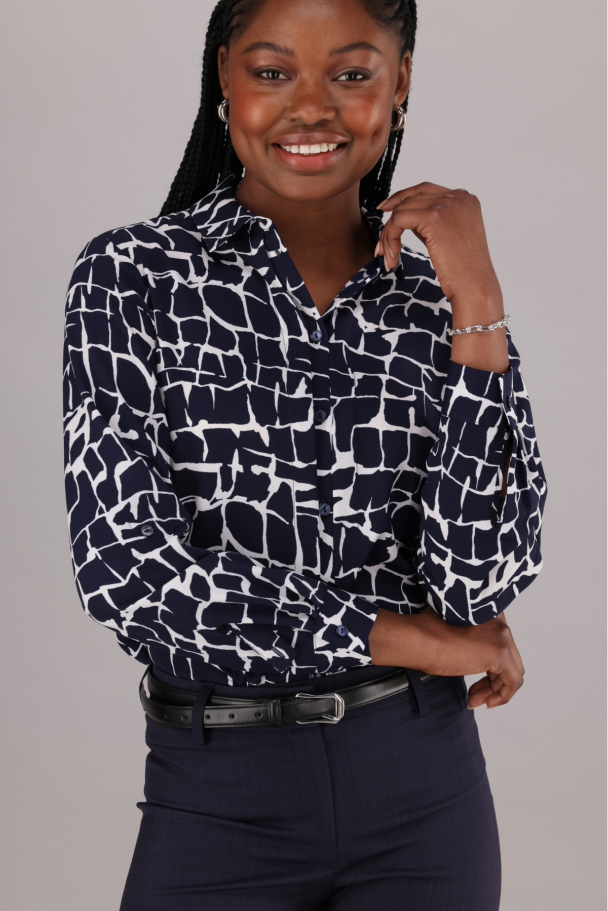 Navy and White Printed Professional Women’s Shirt by ImNow with long sleeves and tabs, pintuck front and button stand