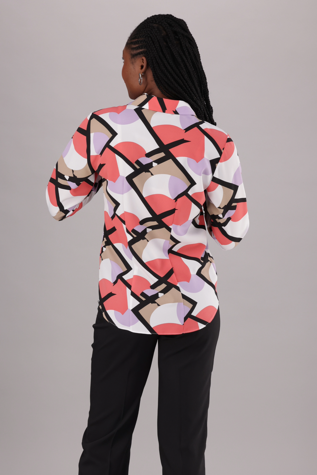 Printed Classic Women’s Shirt from ImNow with Collared Button Front and Pintuck Detail and tabbed sleeves. 